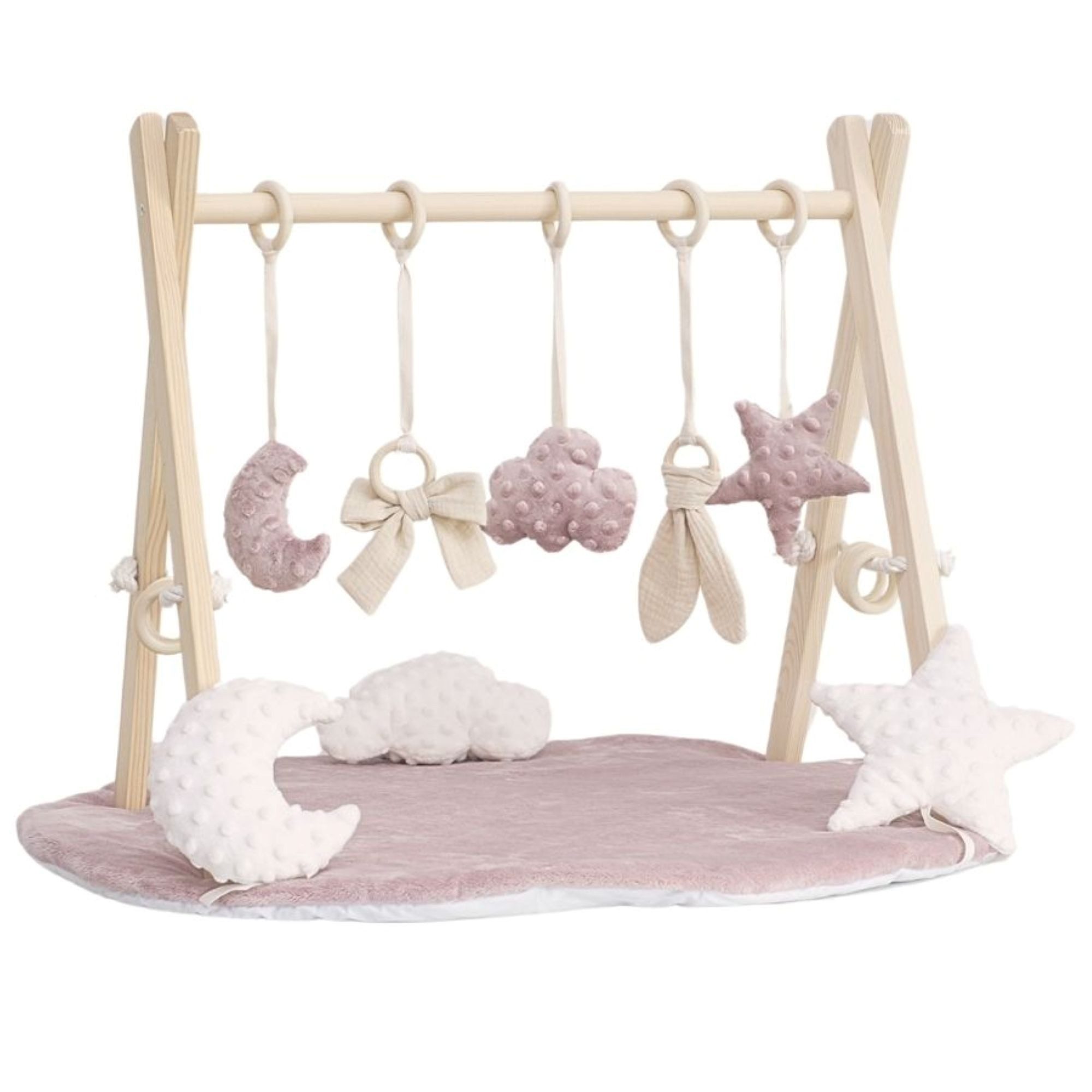 LuMali Baby Gym Holz Spielbogen klappbar 8 Spielzeuge Matte 41x58x49cm Naturholz, (5 Anhänger Spielmatte 78cm Baumwollschnüre Montageset), Spieltrapez Neugeborene sensorisch Spielmatte 78cm wendbar ab Geburt