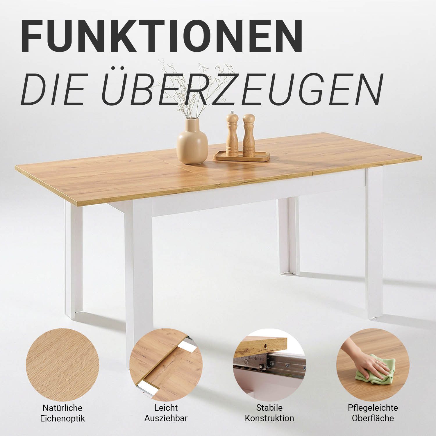 Homestyle4u Esstisch Esszimmertisch 86x135 bis 86x184 ausziehbar Holztisch Weiß Küchentisch, Platte Eiche Kraft Gold Optik – Bild 4 von 5