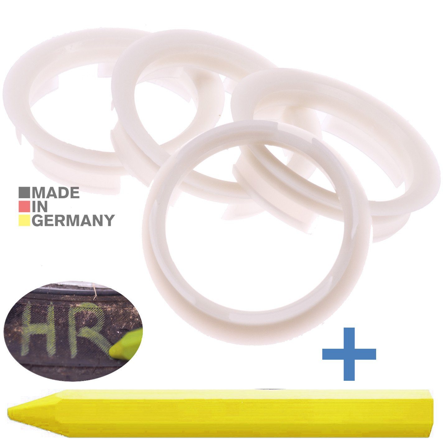 BRANDT AUTOMOTIVE Reifenstift 4X Zentrierringe Transparent Felgen Ringe + 1x Reifen Kreide Fettstift, Maße: 63,4 x 56,1 mm