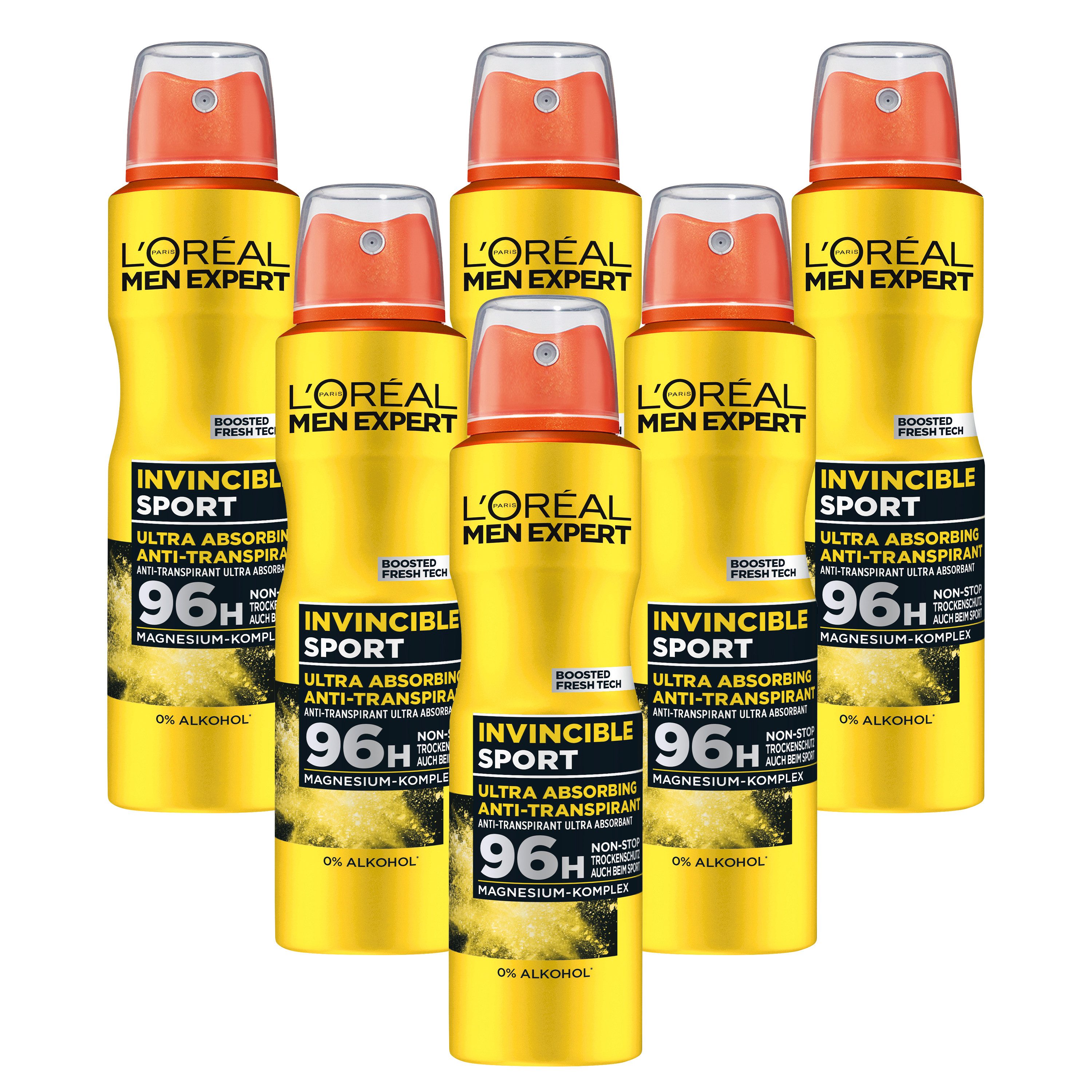 L'ORÉAL PARIS MEN EXPERT Deo-Spray Deo Spray Invincible Sport, Packung, 6-tlg., mit hoher Zuverlässigkeit