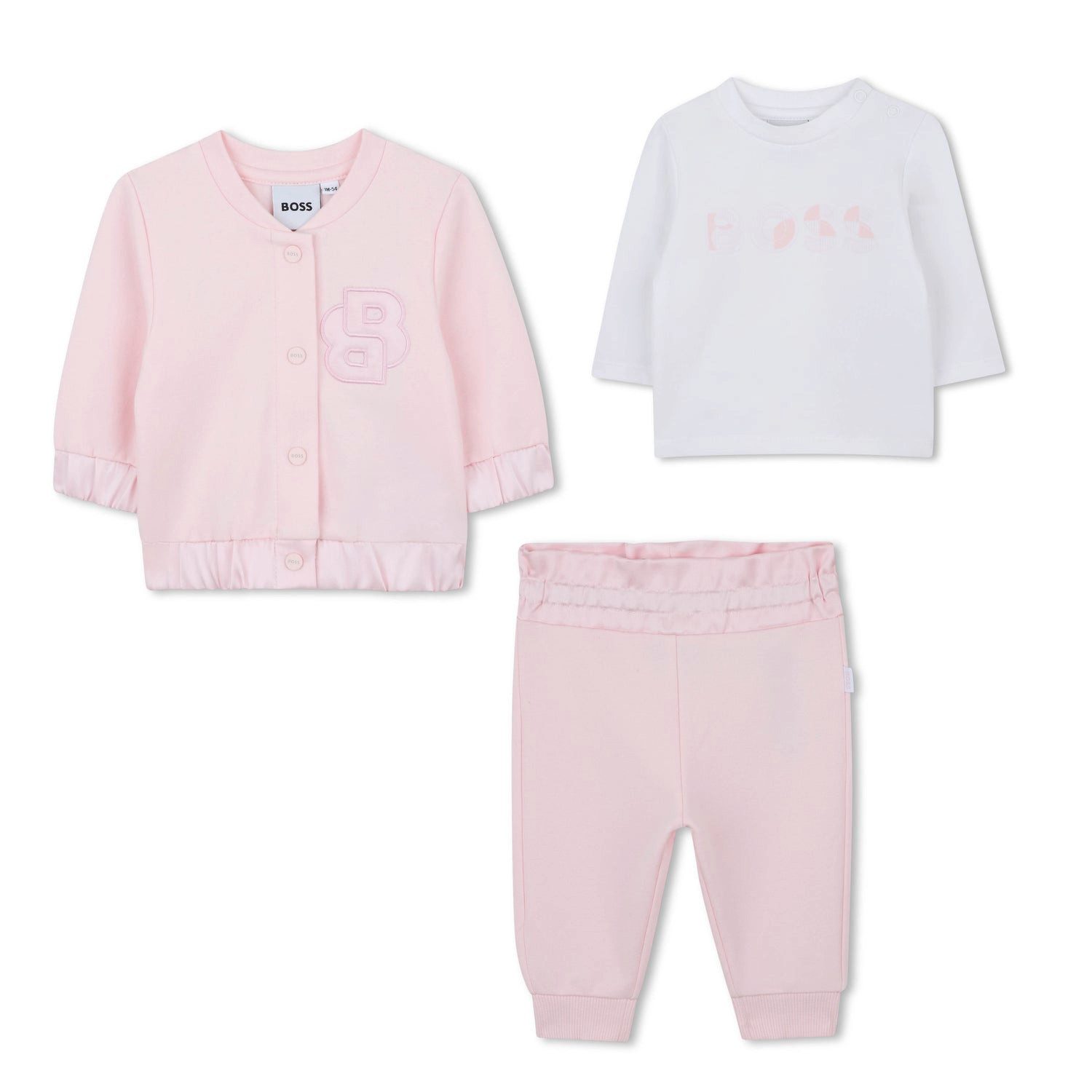 Boss Kidswear Neugeborenen-Geschenkset BOSS Baby Set rosa weiss Hose Strickjacke & T-Shirt mit Satin-Details (3-tlg)