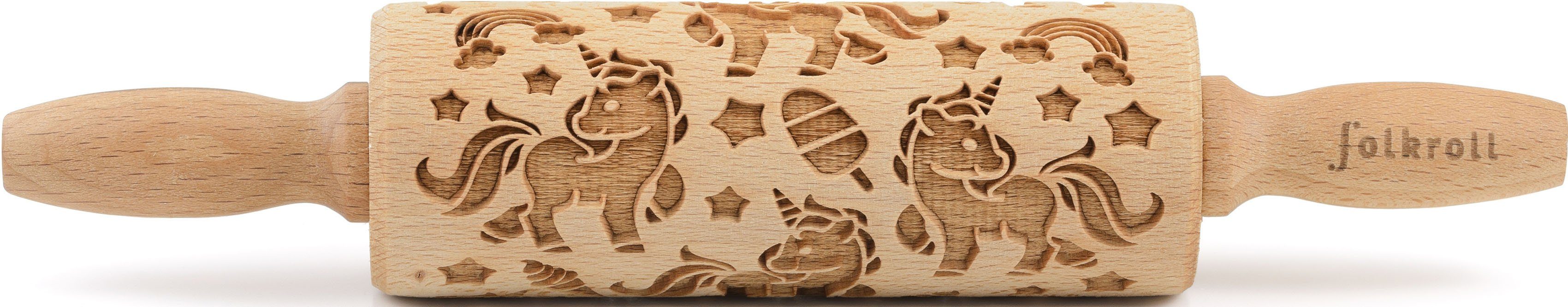 folkroll Teigroller 3D-Motiv-Teigrolle Massivholz, Einhorn