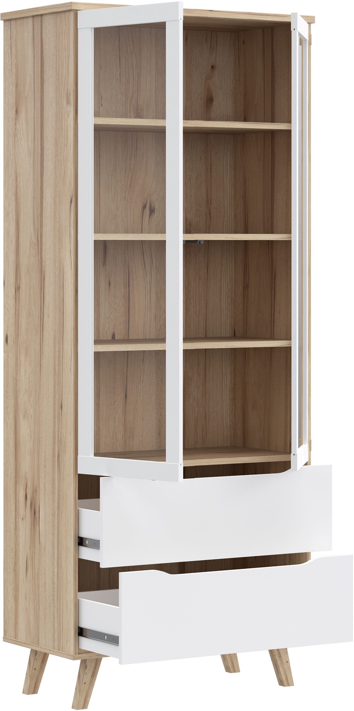FORTE Vitrine Vankka Stauraumvitrine (B/H/T 84,7/201,5/41,7 cm) 2 Glastüre, Grifflos, zeitloses Design, 2 Schubkästen – Bild 4 von 5