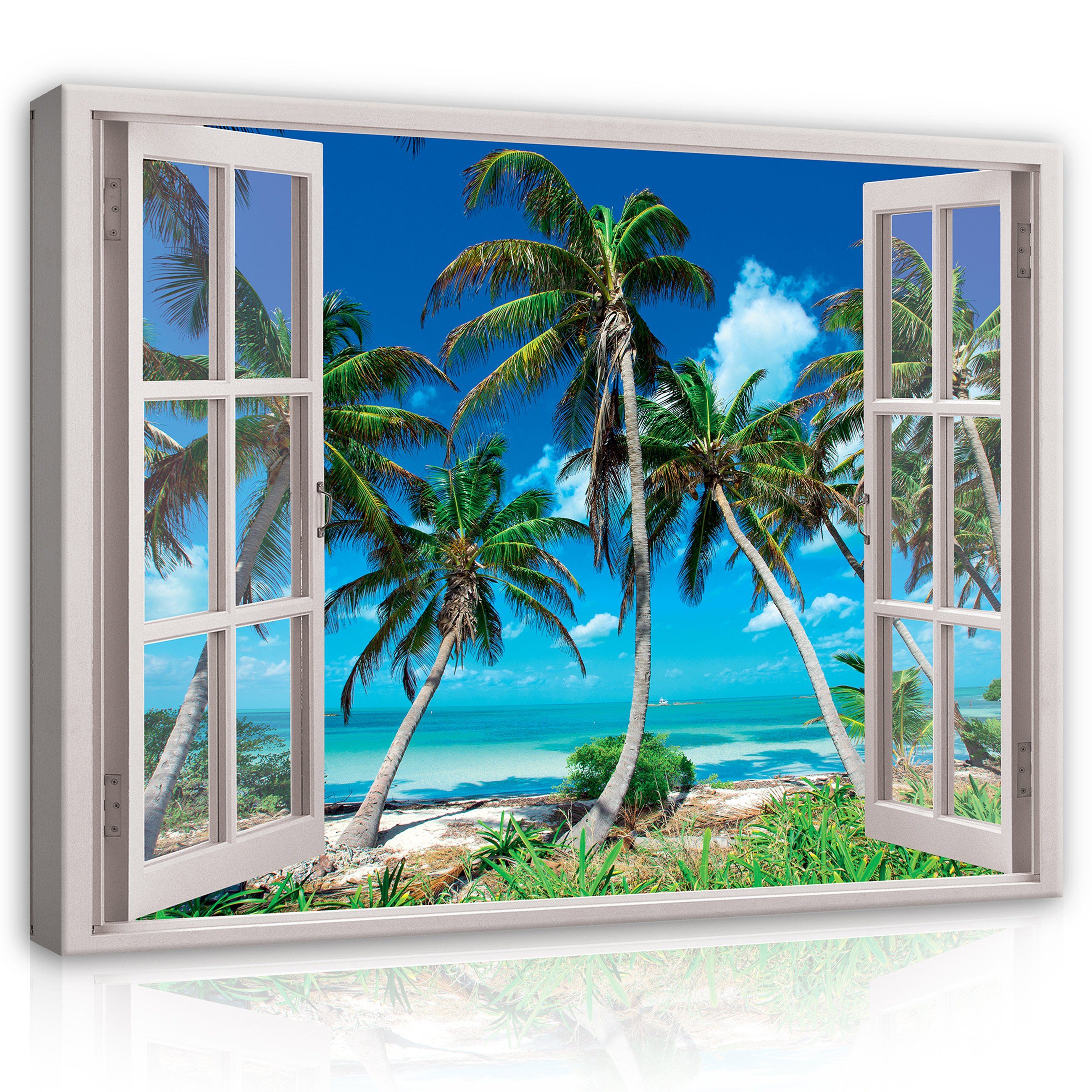 Wallarena Leinwandbild Fensterblick Strand Palmen Tropische Fenster Wandbild Groß XXL Wandbilder Leinwandbilder Modern Canvas Kunstdruck Bild Auf Leinwand Bilder für Wohnzimmer Schlafzimmer, (Einteilig), Aufhängefertig