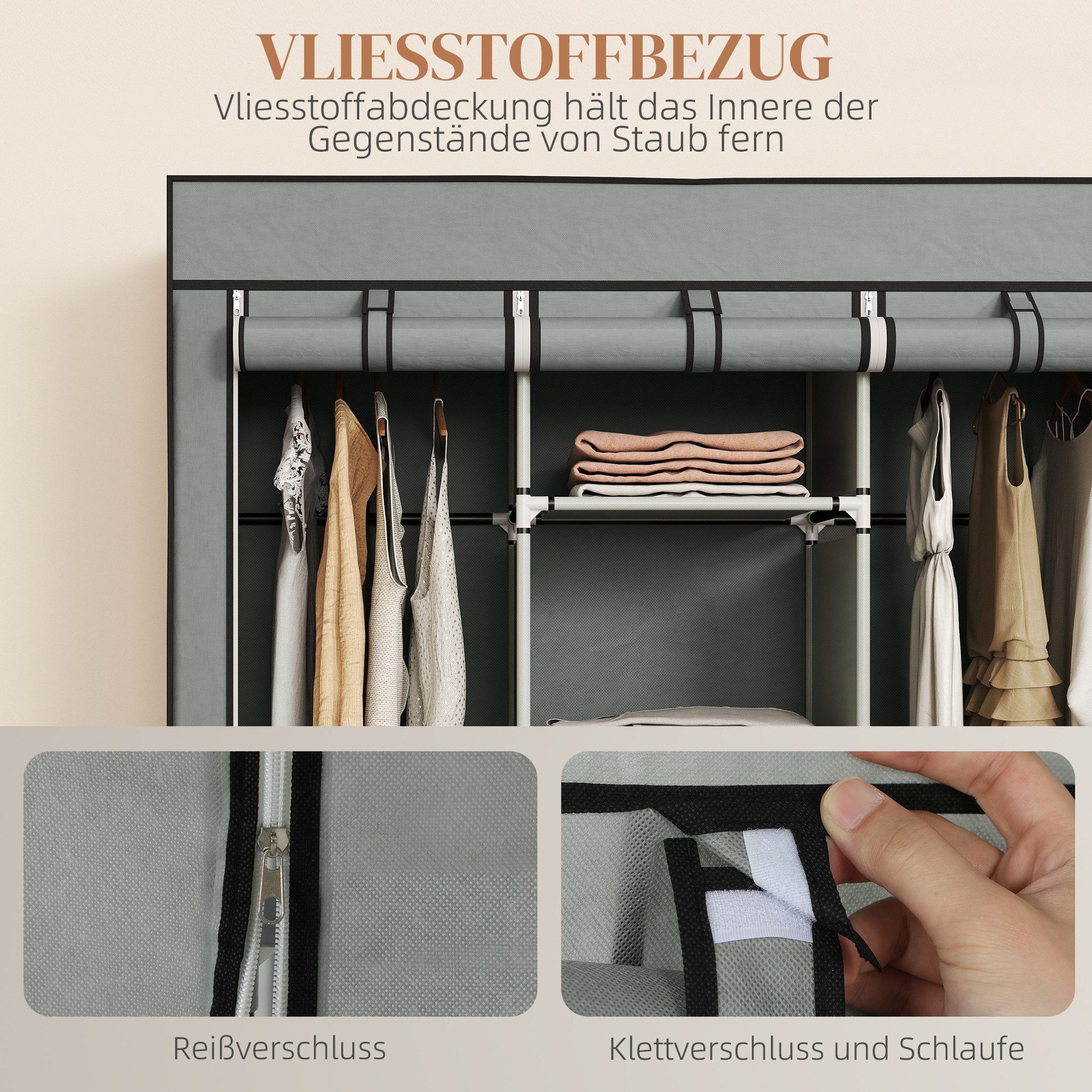HOMCOM Stoffschrank Kleiderschrank mit Kleiderstange, Schubladen, Reißverschluss (Faltbare Garderobe, 1-St., Faltschrank) Hellgrau, 125 x 43 x 162,5 cm – Bild 5 von 5
