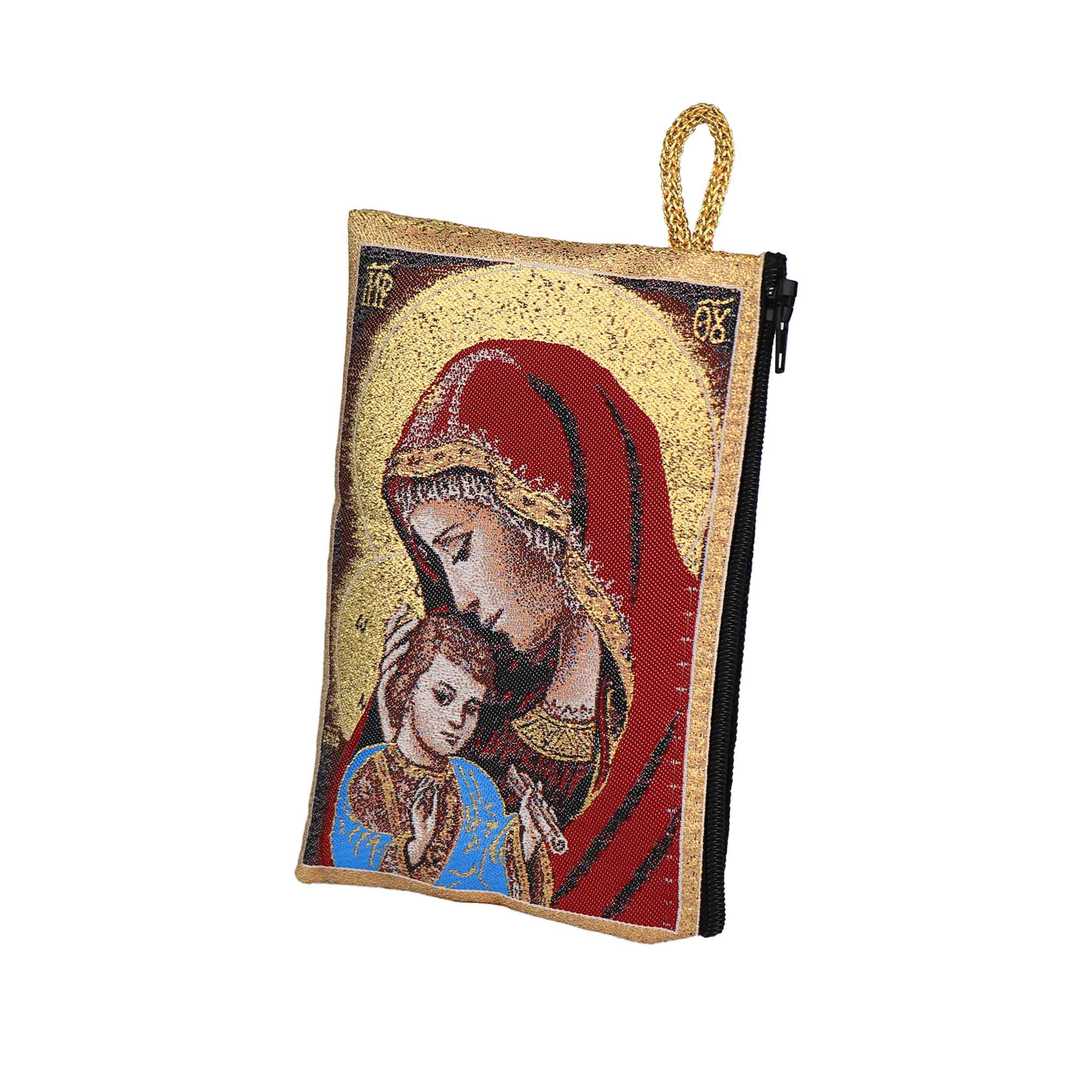 NKlaus Bild Rosenkranz Tasche 10x15cm – Maria mit Jesus in Rot, goldene Details, Religion