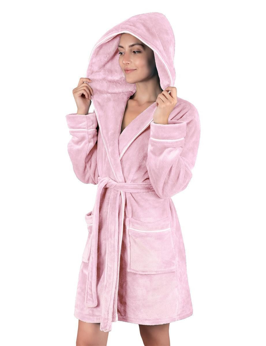 Gräfenstayn Damenbademantel Bademantel Damen flauschig Kapuze Kuschelfleece leicht kurz, warm & kuschelig, Knielang, Fronttaschen, Gürtel, S-XXL