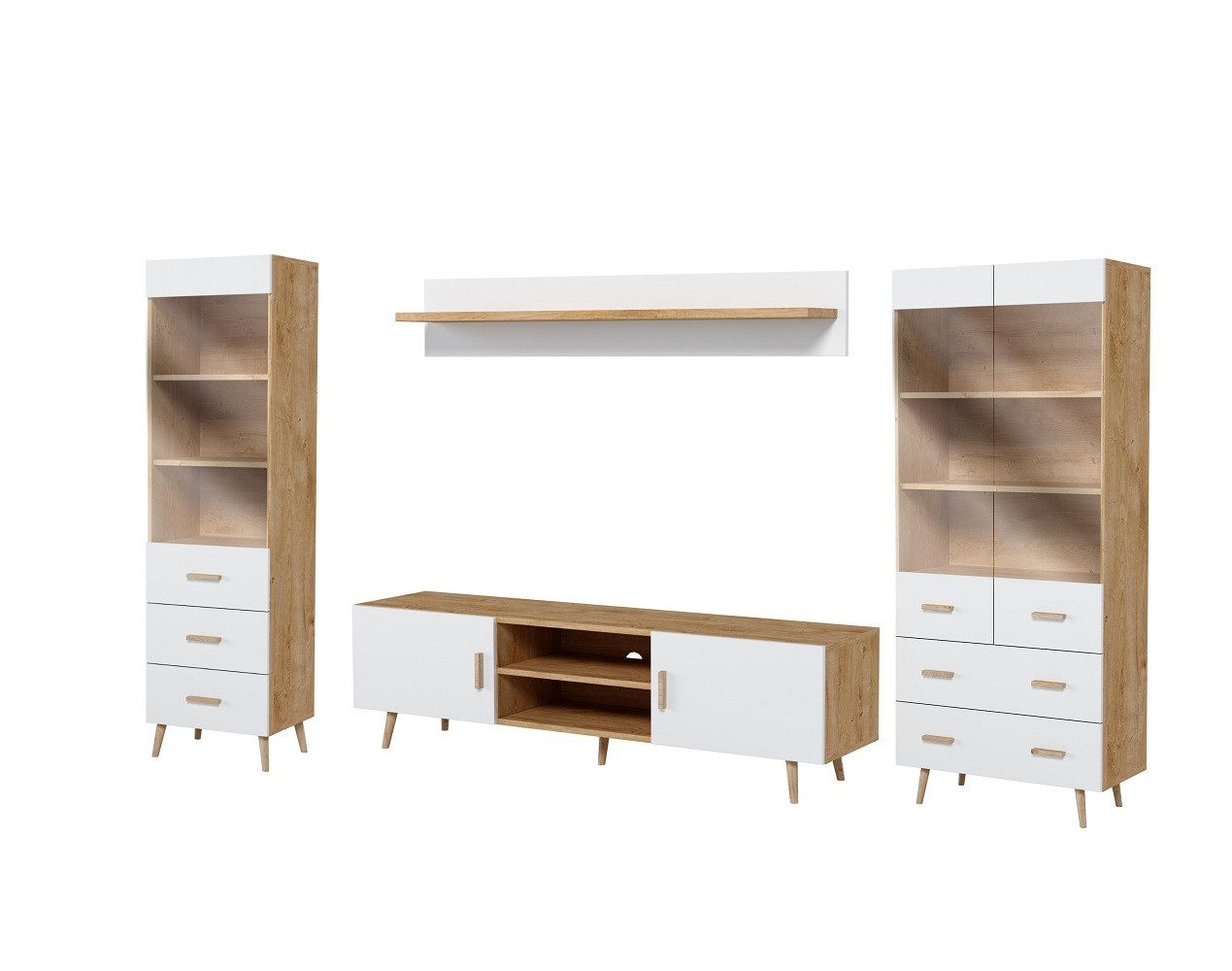 Wohnwand Stilvolles Wohnzimmermöbel Set mit Vitrine und Kommode in Holzoptik