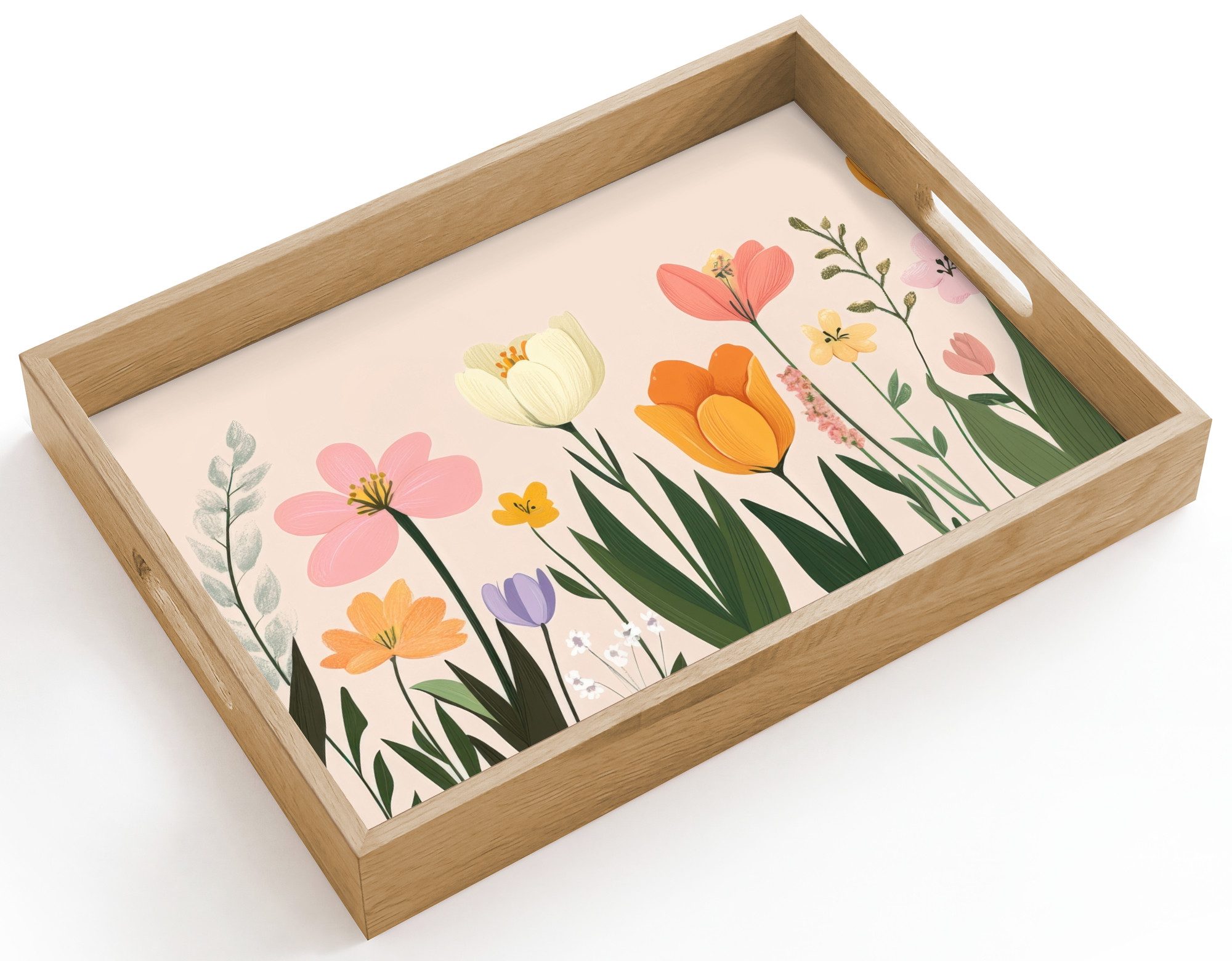 OnlyWow Tablett Rechteckig mit Henkel Pastelltöne - Blumen - Illustration, Eichenholz, (1-tlg), Siervierplatte, Tray, Frühstücksbrett
