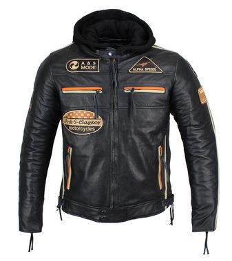 Alpha Speeds Motorradjacke Herren Leder Jacke Biker Freizeit Highway Jacke Orange/Beige Streifen (Trennbare Innenjacke + Kapuze) aus weichem Lammleder, mit herausnehmbare Protektoren