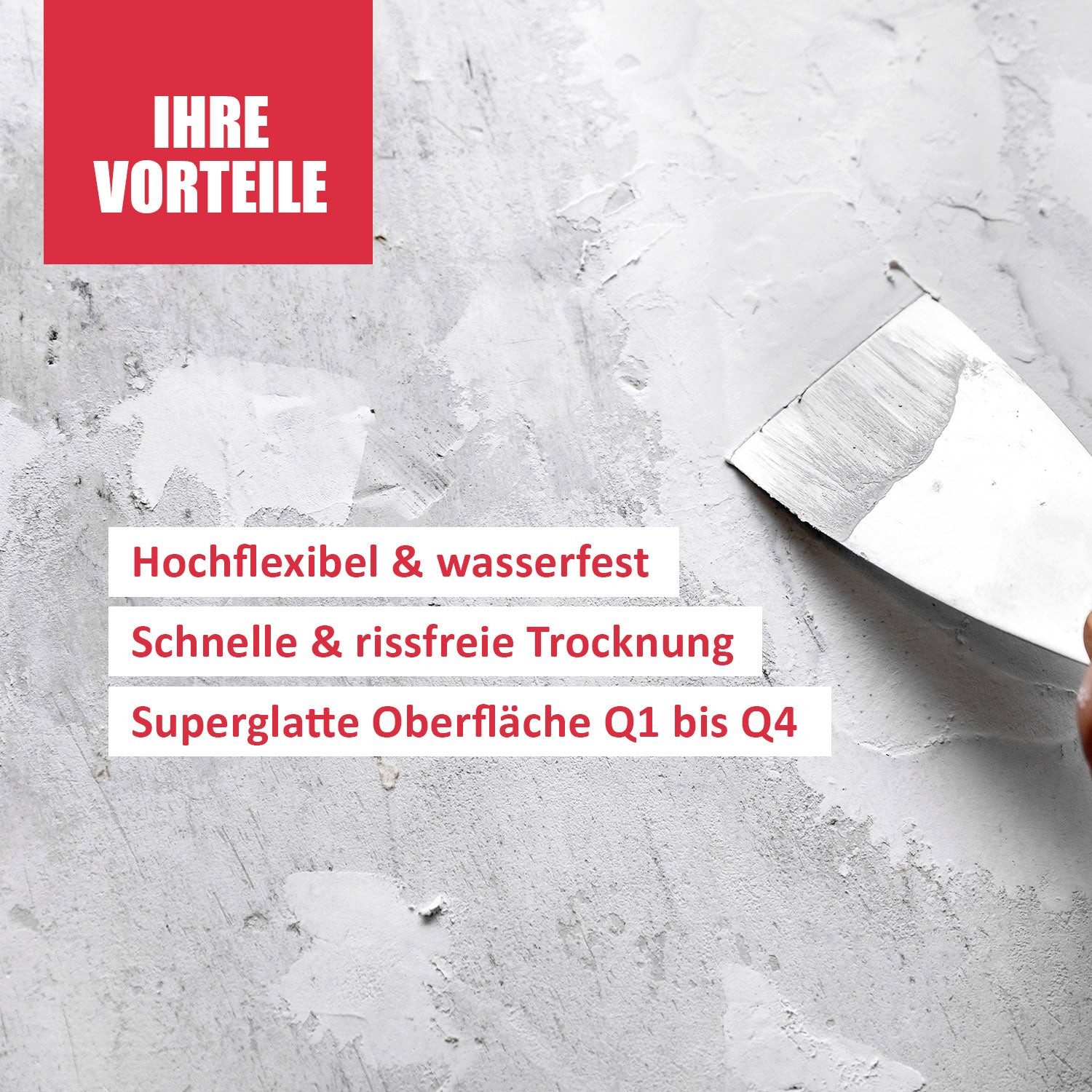DICHTON Fertigspachtel D.50W Fertigspachtel 2 in 1 superfein, kunstharzgebunden, gebrauchsfertig, (Gips, Beton, Holz - Spachtelmasse superglatt, wasserfest, rissfrei, Trocknet schnell durch), Feinspachtel, Flächenspachtel, Füllspachtel Putz Beton Spachtelmasse