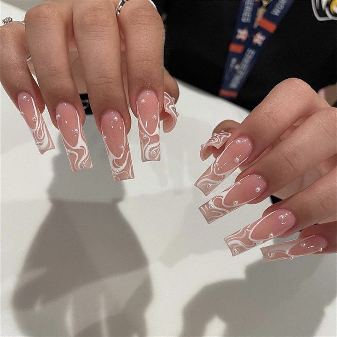 RefinedFlare Kunstfingernägel Frauen lange weiße Buff mit künstlichen Perlen Wearable Nails