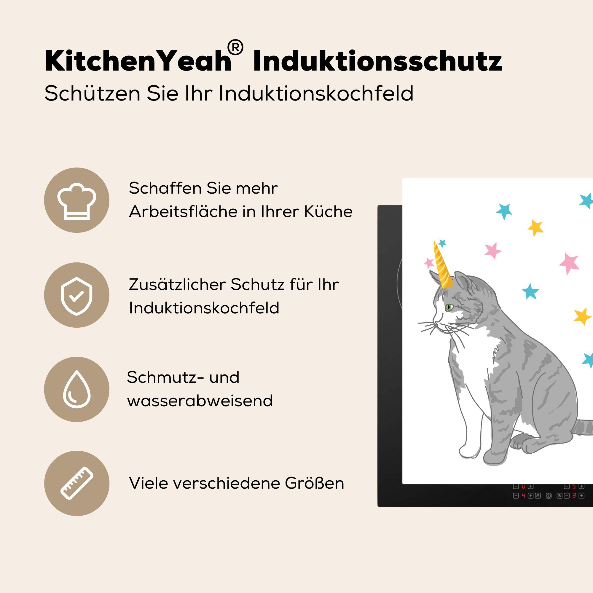 MuchoWow Herdblende-/Abdeckplatte Kinder Illustration Katze (1 küche cm, Arbeitsplatte Ceranfeldabdeckung, für Einhorn, Vinyl, tlg), 78x78
