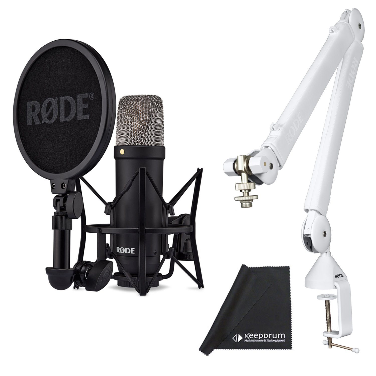 RØDE Mikrofon NT1 Signature Black (mit Gelenkarm-Stativ PSA1+ Weiss und Tuch)