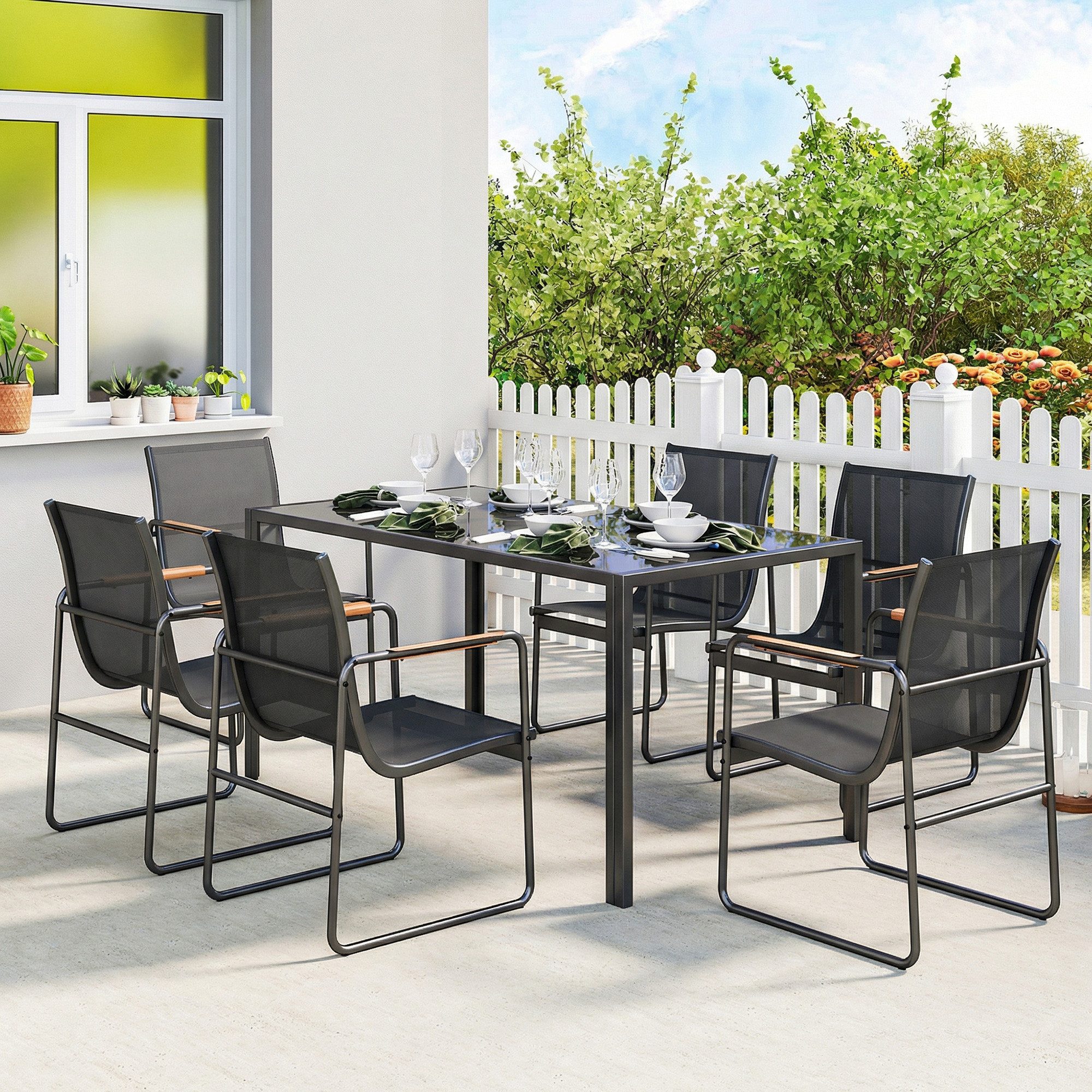 Outsunny Garten-Essgruppe Sitzgruppe mit dekorativen Armlehnen, wetterfest, Gartengarnitur, (Gartenset, 7-tlg., Gartenmöbel Set), bestehend aus 6 Sesseln und 1 Tisch