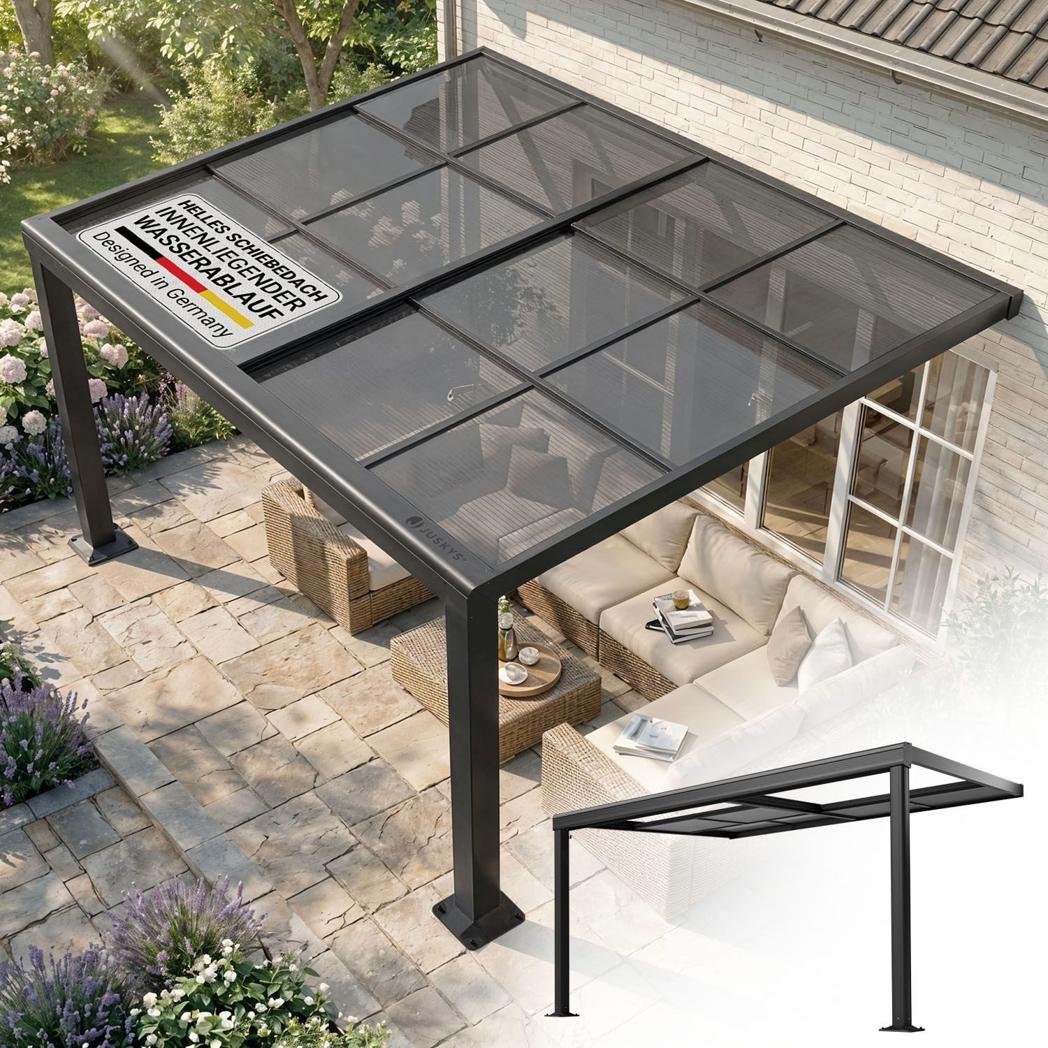 Juskys Terrassendach Jakarta, BxT: 400x300 cm, mit Schiebefenster, inkl. Fallrohr und Fußboden Verankerung