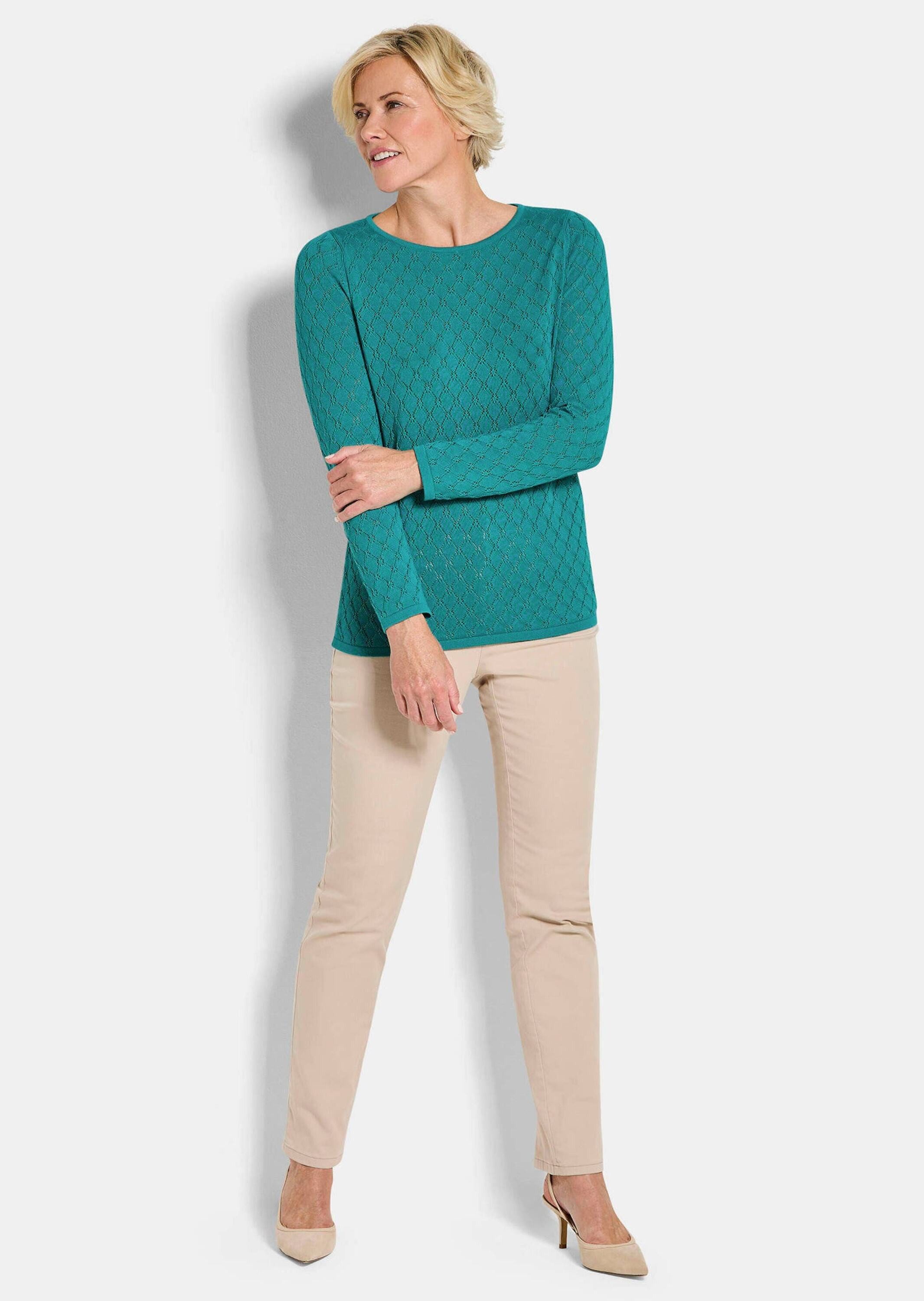GOLDNER Strickpullover Kurzgröße: Strickpullover mit Wabenstruktur Baumwollpullover mit U-Boot-Ausschnitt und Langarm
