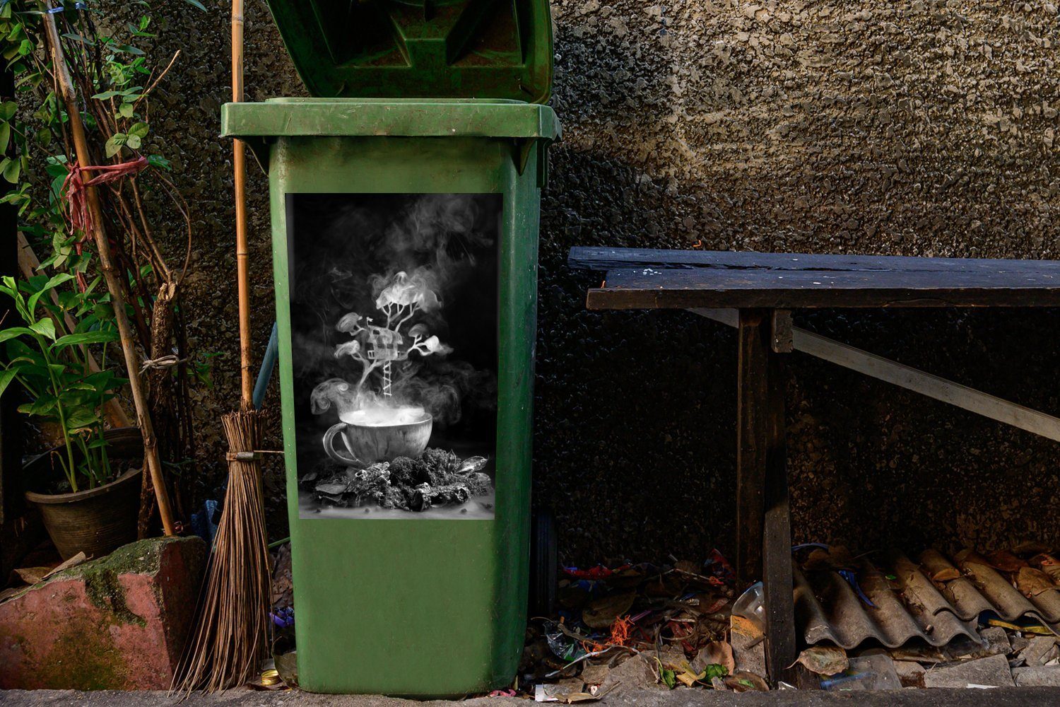 St), Mülltonne, Container, Sticker, schwarz Wandsticker und Mülleimer-aufkleber, - Kabine weiß Dampf MuchoWow aus Abfalbehälter (1