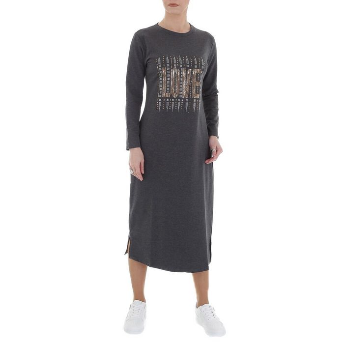 Ital-Design Shirtkleid Damen Freizeit Strass Stretch Maxikleid in Grau