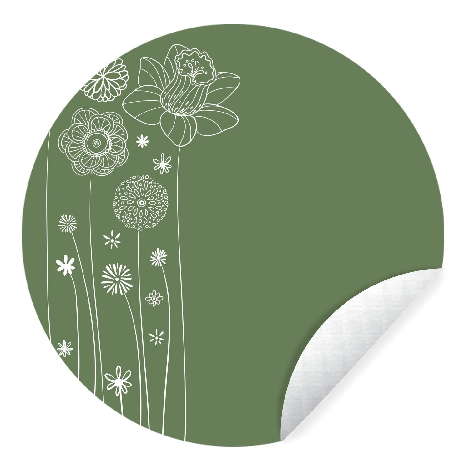 MuchoWow Rund, in Wandsticker eines Blumenmusters Grün Tapetenkreis für Tapetenaufkleber, Illustration Kinderzimmer, (1 St), Wohnzimmer