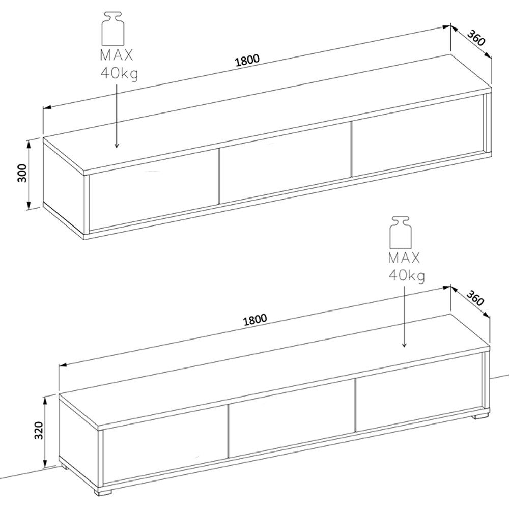 Lomadox Lowboard FORLI-83, anthrazit Eiche modern Push-to-open Funktion 180x32x36 cm