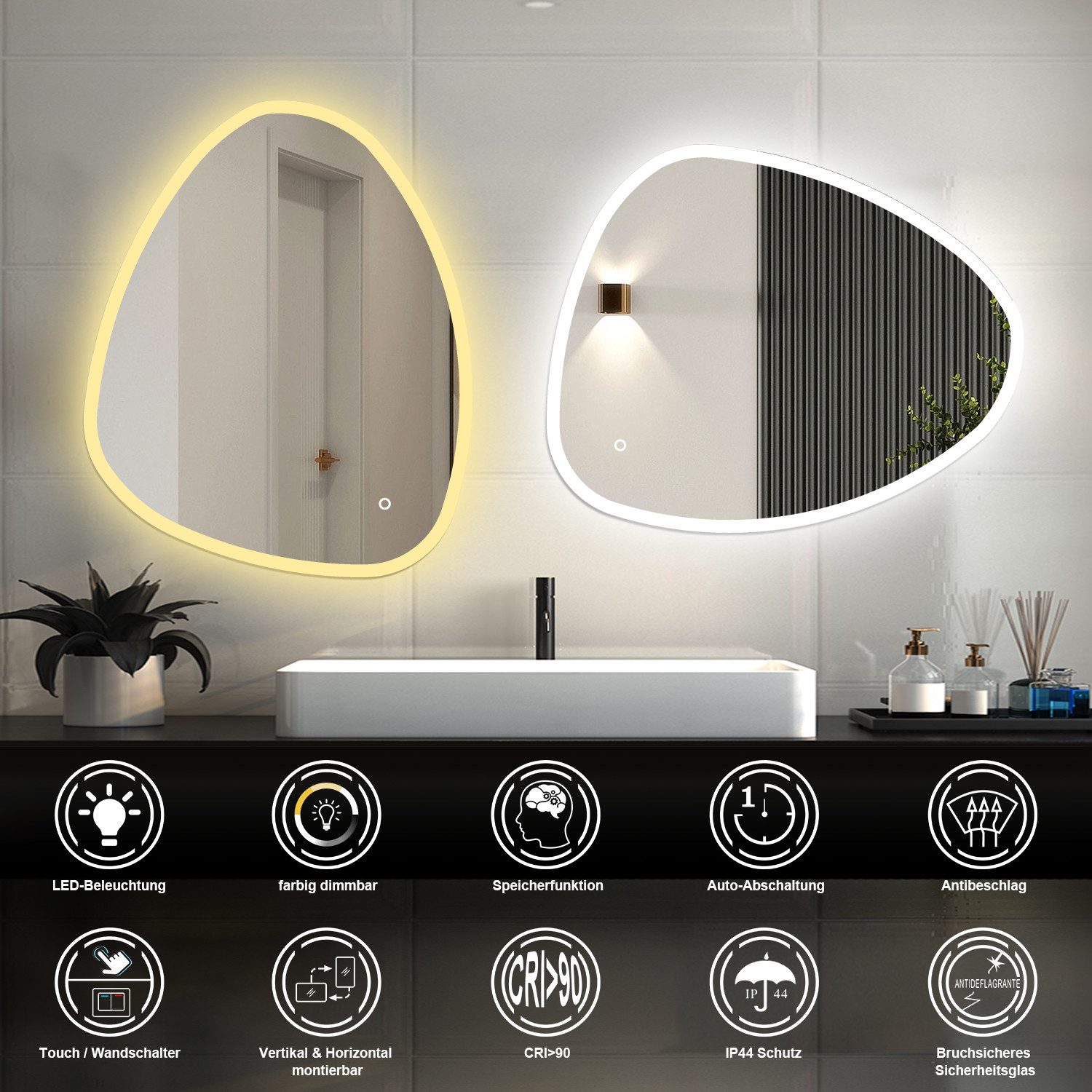 Duschparadies GmbH Badspiegel LED‑Badezimmerspiegel, asymmetrischer Wandspiegel mit 3 Lichtfarben – Bild 2 von 5