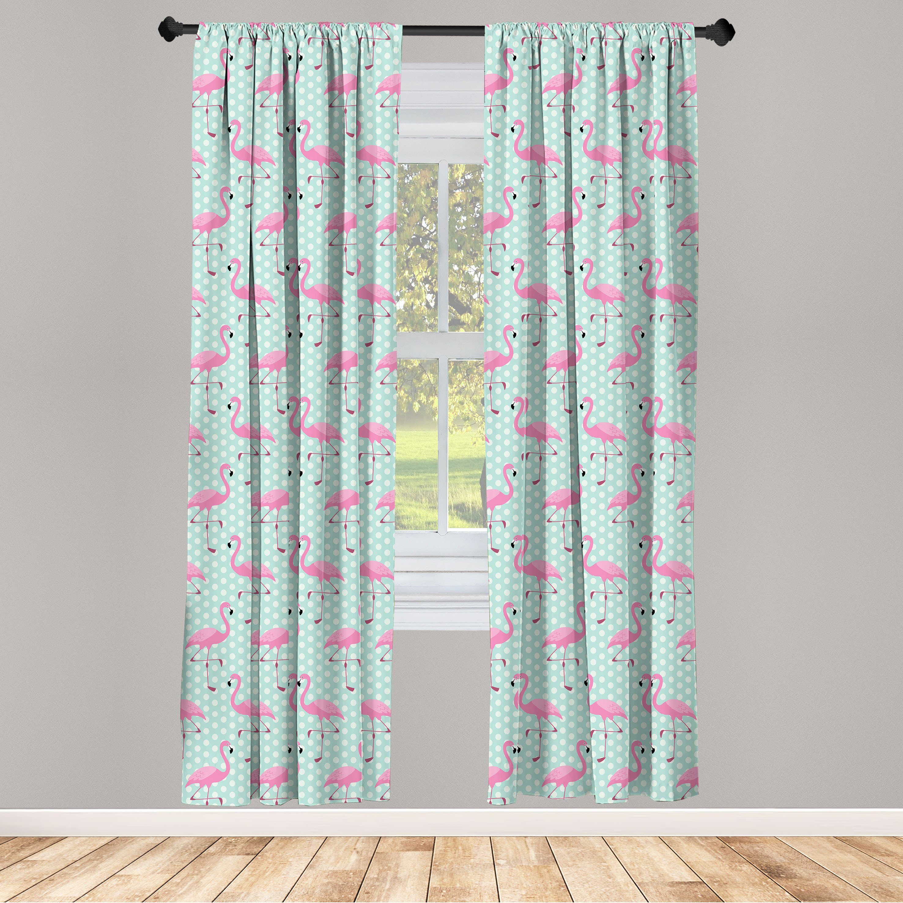 Gardine Vorhang für Wohnzimmer Schlafzimmer Dekor, Abakuhaus, Microfaser, Pink Flamingo Vögel auf Tupfen