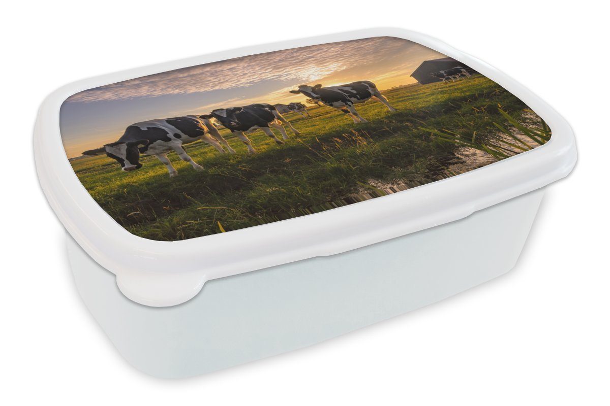 MuchoWow Lunchbox Kuh - Tier - Wiese, Kunststoff, (2-tlg), Brotbox für Kinder und Erwachsene, Brotdose, für Jungs und Mädchen weiß