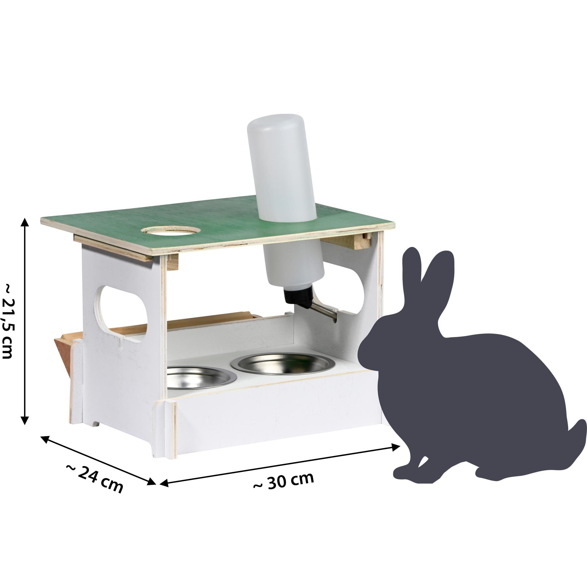 dobar Futterspender Futterbar-Set Hopsi inkl. 2 Edelstahlnäpfe, Heuraufe + Trinkflasche