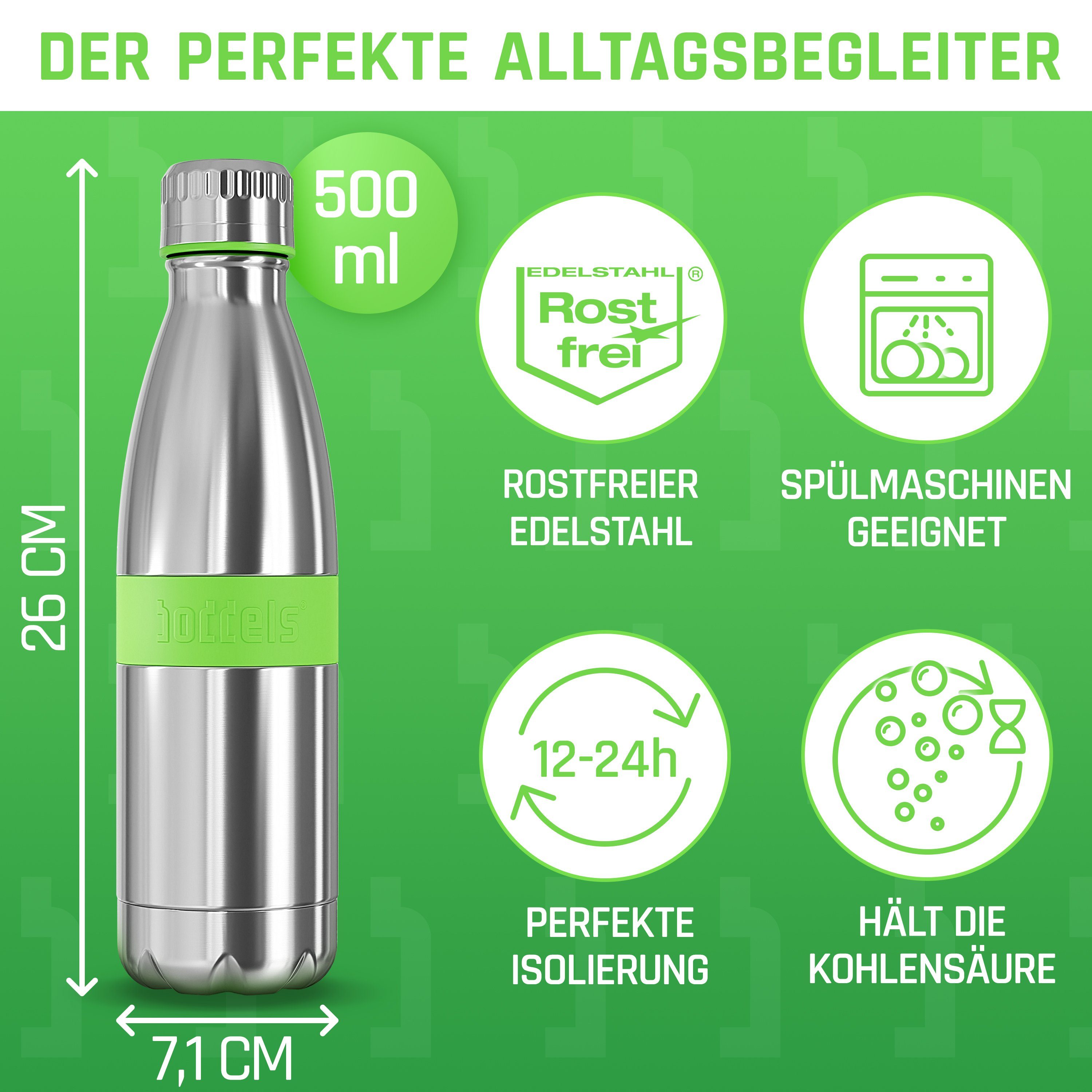 500ml, Edelstahl Isolierflasche TWEE auslaufsicher, bruchfest Trinkflasche Apfelgrün doppelwandig, aus boddels