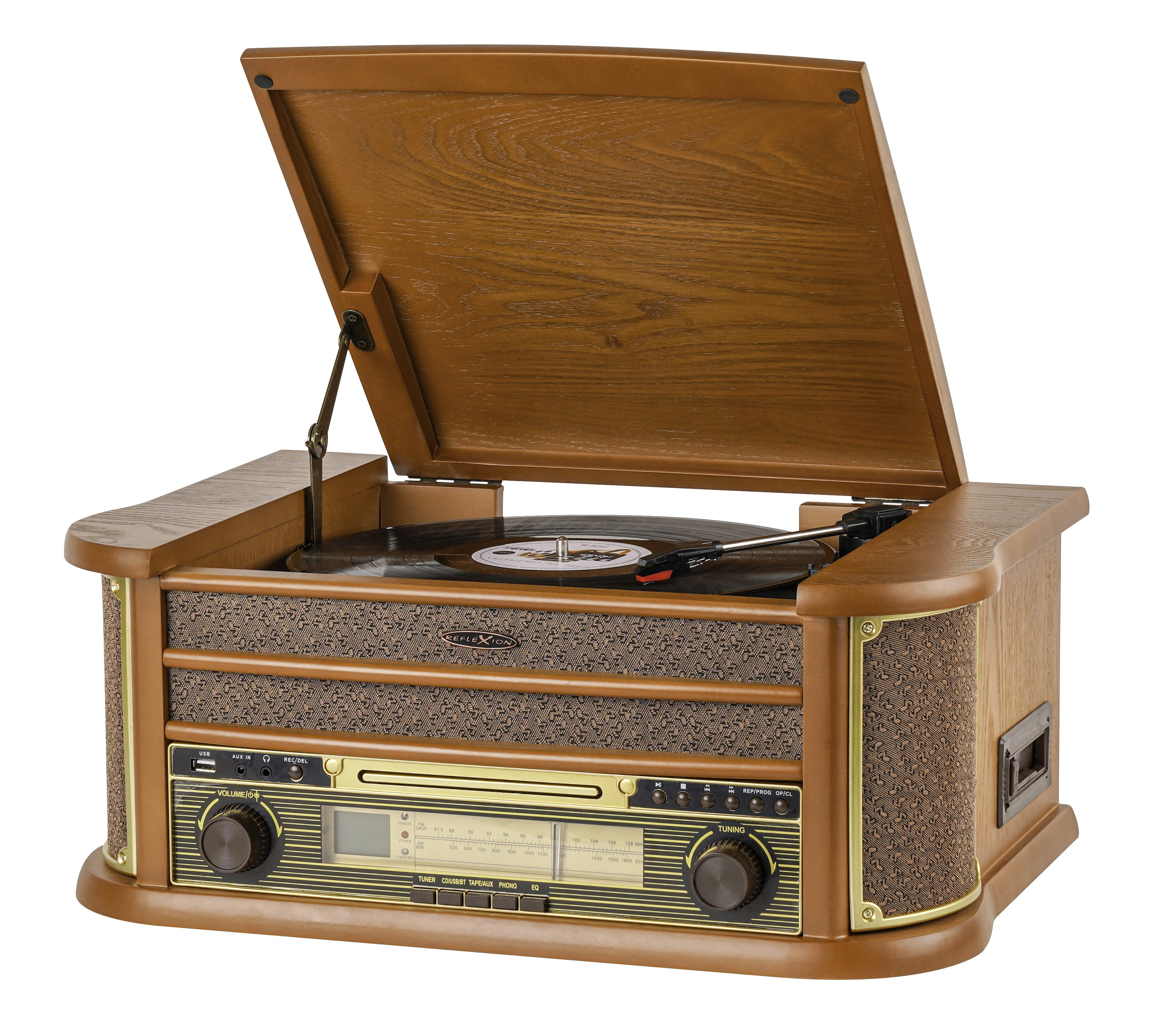 Reflexion HIF2002 Retro HiFi Anlage im Echtholz-Gehäuse Nostalgie-Design Radioplattenspieler (Riemenantrieb, Echtholzgehäuse, CD-Player, Kassettenspieler, Encoding-Funktion)