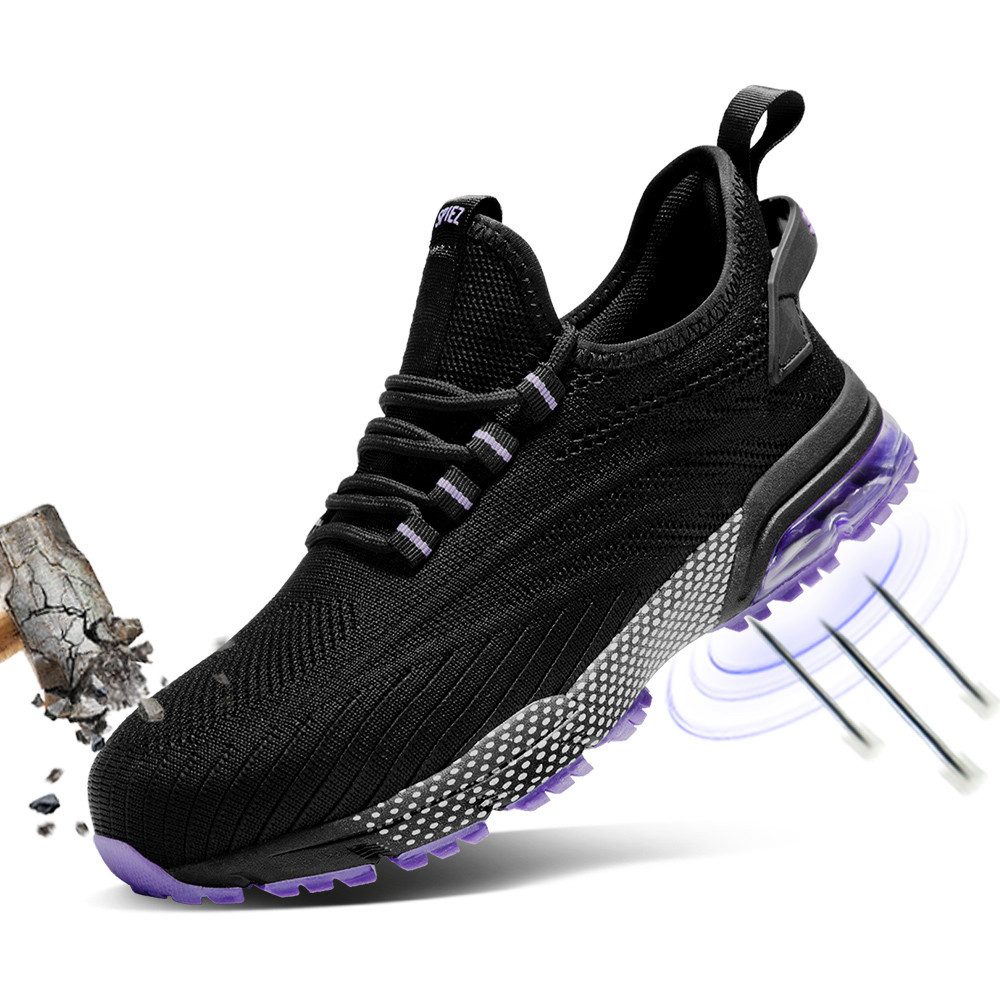 SPIEZ Sicherheitsschuhe Damen Stoßfest Durchtrittsicher Schwarz Lila Sicherheitsschuh Rundumschutz Leichter Bequemer Slip On Rutschfeste EN ISO 20345
