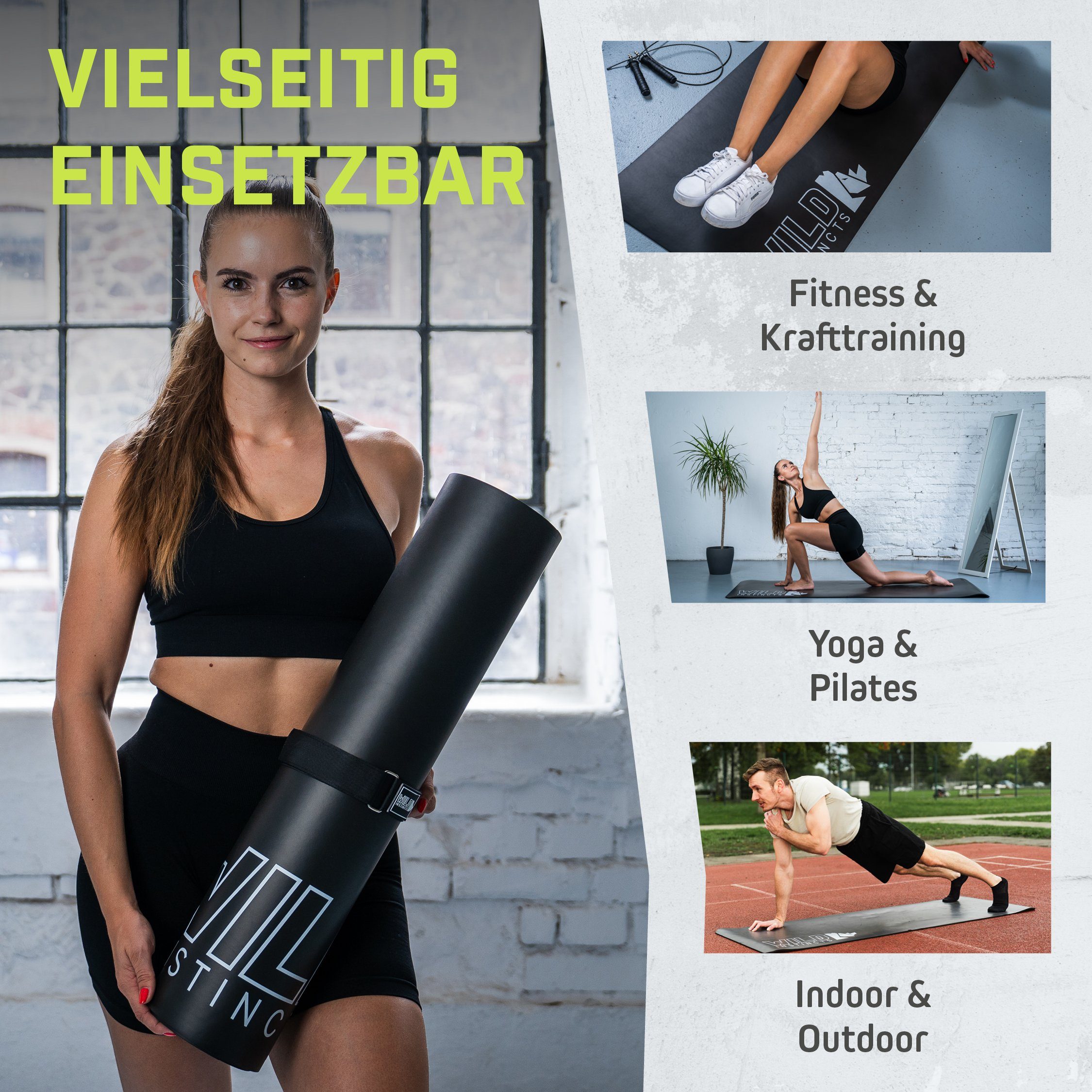 x Fitnessmatte 7mm/Sport Matte/Rutschfest Black & Matte/Workout cm 66 Wild Instincts Pure 185cm Pulse,