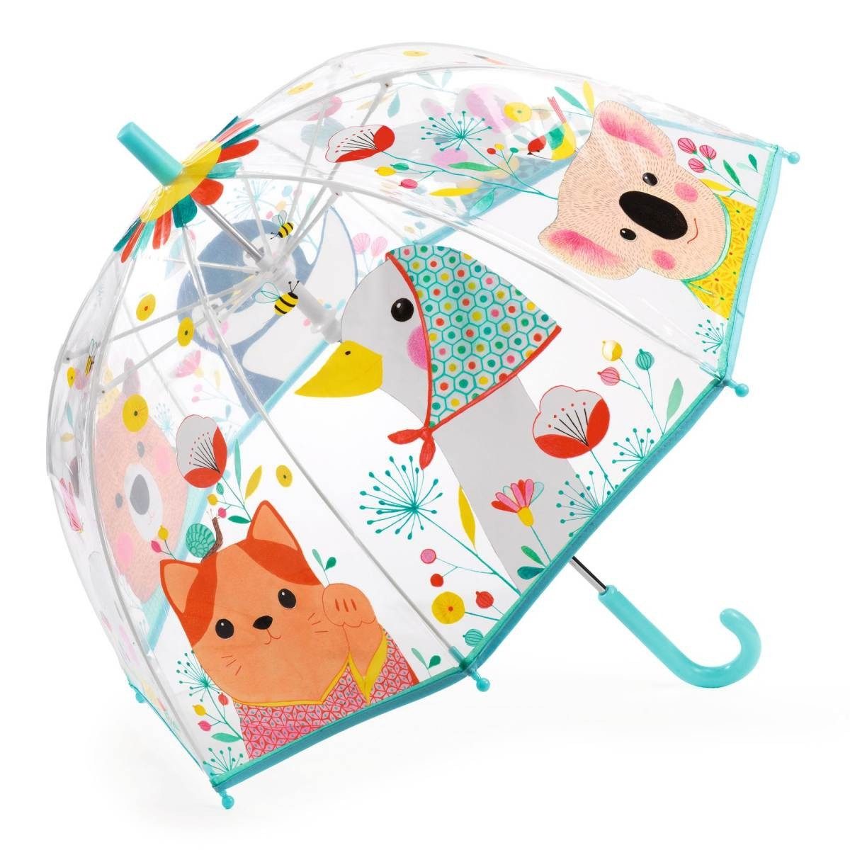 DJECO Stockregenschirm Kinder-Regenschirm Natur türkis Tiere Transparent Ø 68 x 70 cm