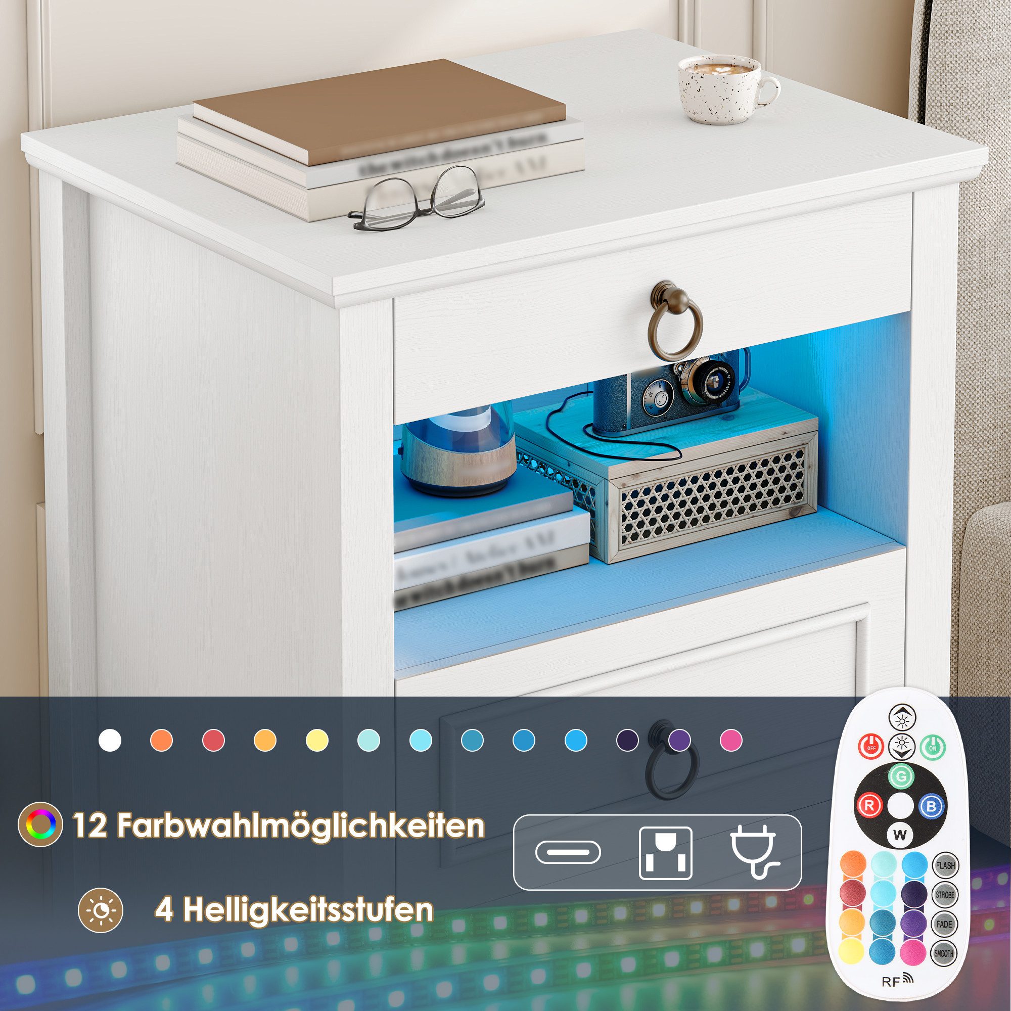 HOMECHO Nachttisch, mit LED, Steckdose & 3 Schubladen 1 Piece or 2 set, Weiß/Schwarz