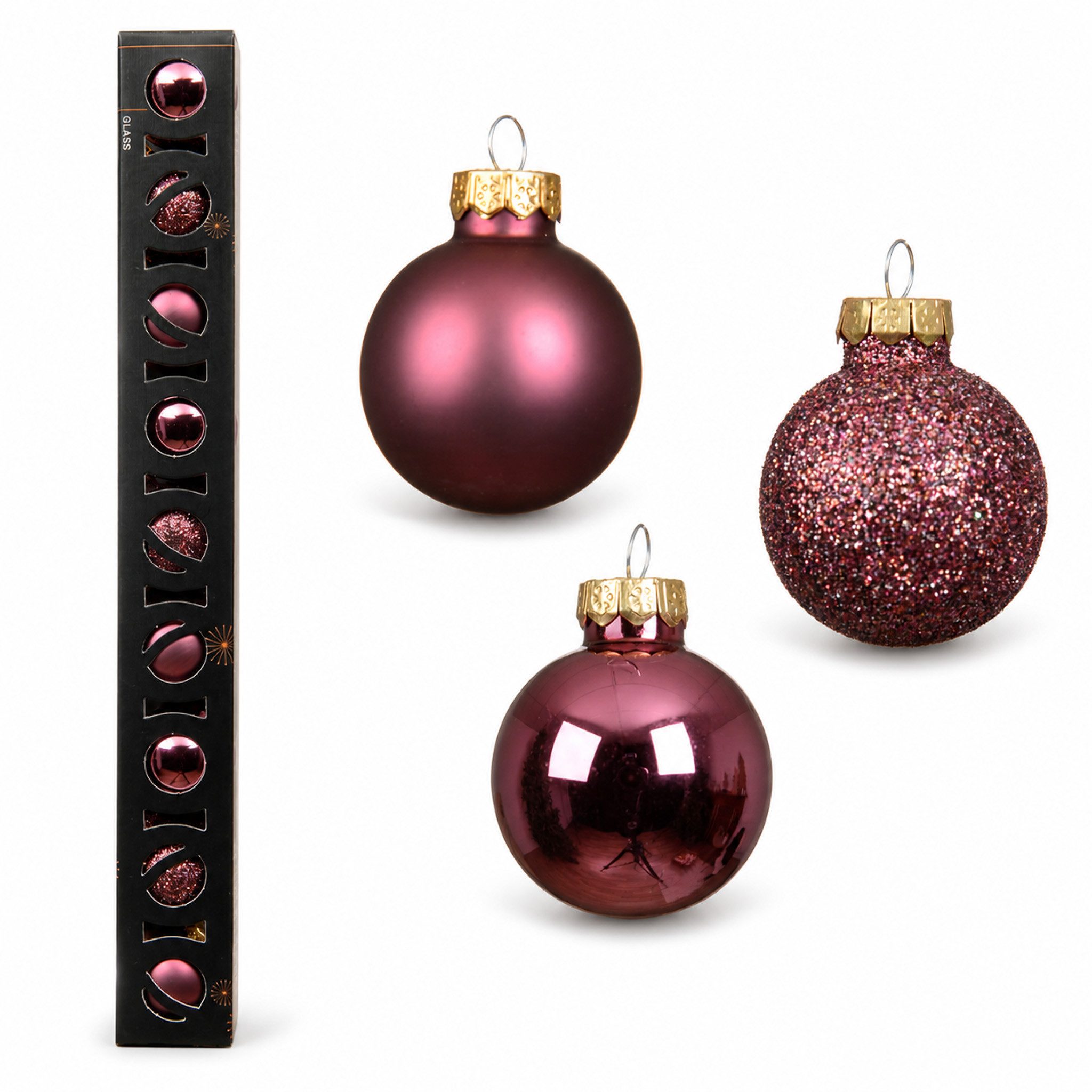 Kaemingk Weihnachtsbaumkugel, Weihnachtskugeln Glas 3cm Glanz Matt Glitzer 9er Set - Dunkelrosa