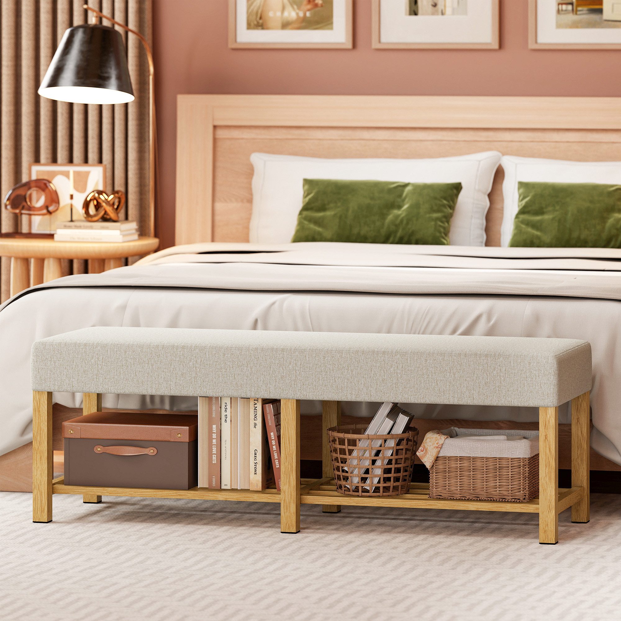 OKWISH Schuhbank aus Holz 140 x 44 x 48 cm, Flurbank mit Sitzpolster (Packung, 1-St., Holz Flurbank Naturoptik, stabile Aufbewahrungsbank für Flur und Diele), Sitzbank für 2 Personen, Sitzpolster Cremeweiß, Flur Eingangsbereich