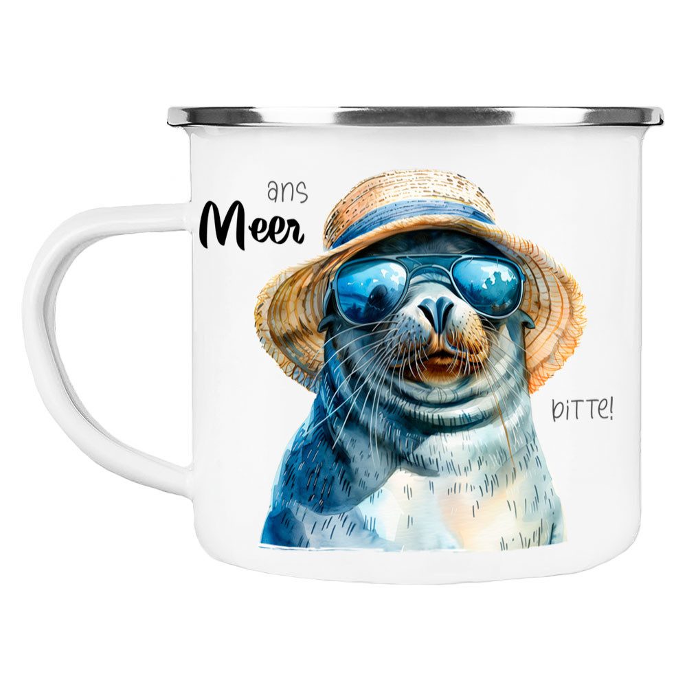 Cadouri Tasse ANS MEER BITTE! Camping Emaille Tasse, Campingtasse, Metall, Campingbecher, Kaffeetasse, Seelöwe, maritim, Geschenk, 300 ml