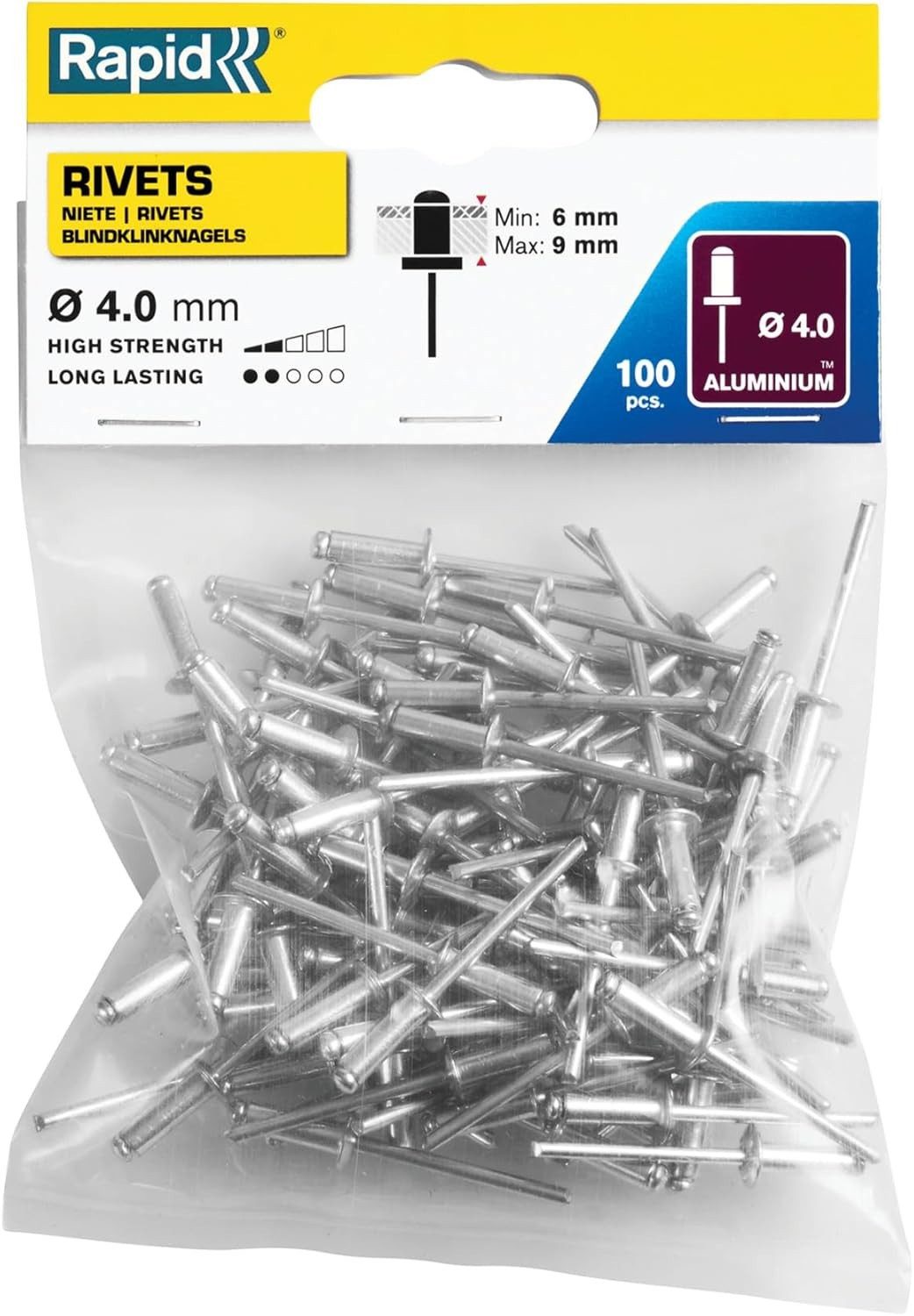 Rapid Niete Blindnieten Aluminium 4 mm 6-9 mm 100 Stück Popnieten Blindniet, Hohlnieten Nieten Befestigungselement Niettechnik Montage Reparatur