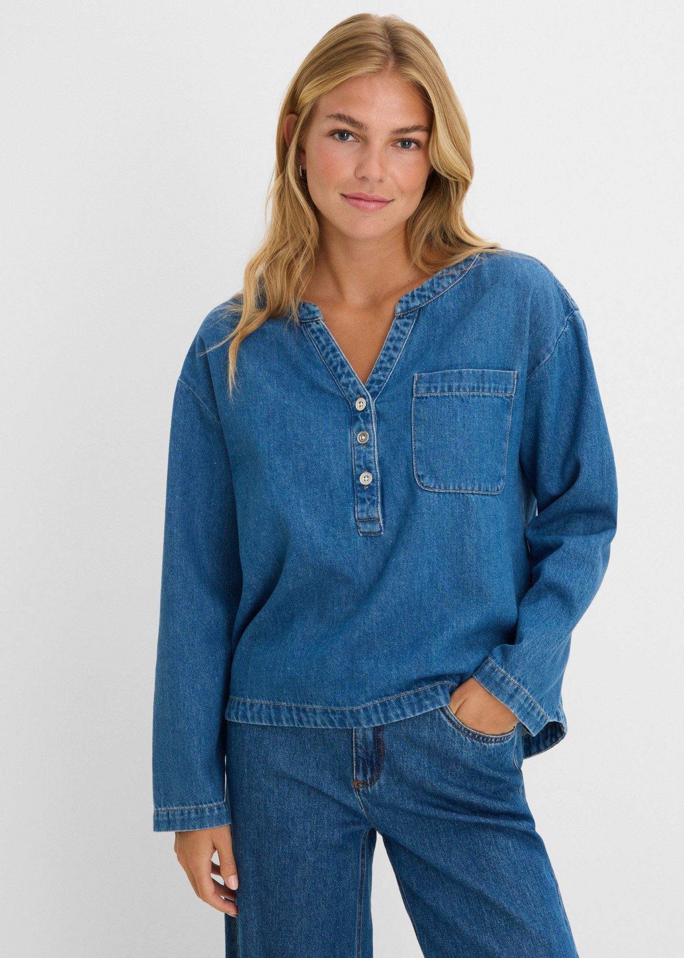 bonprix Jeansbluse Tunika, aus reiner Baumwolle, Oversize-Passform, Langarm