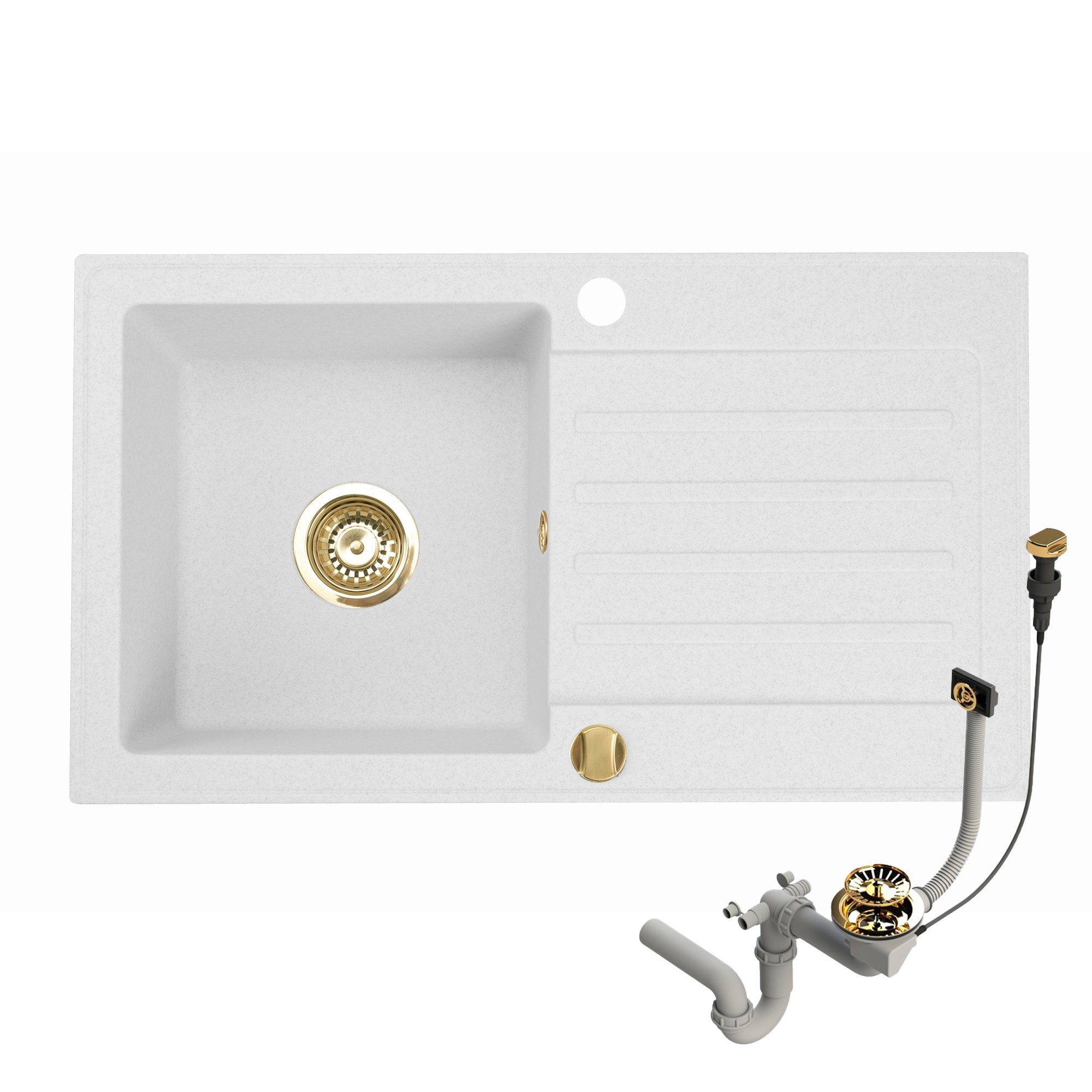 Faizee Möbel Granitspüle Granitspüle 76x44 und Armatur Gold Küchenspüle mit Siphon, Rechteck, 75/45 cm