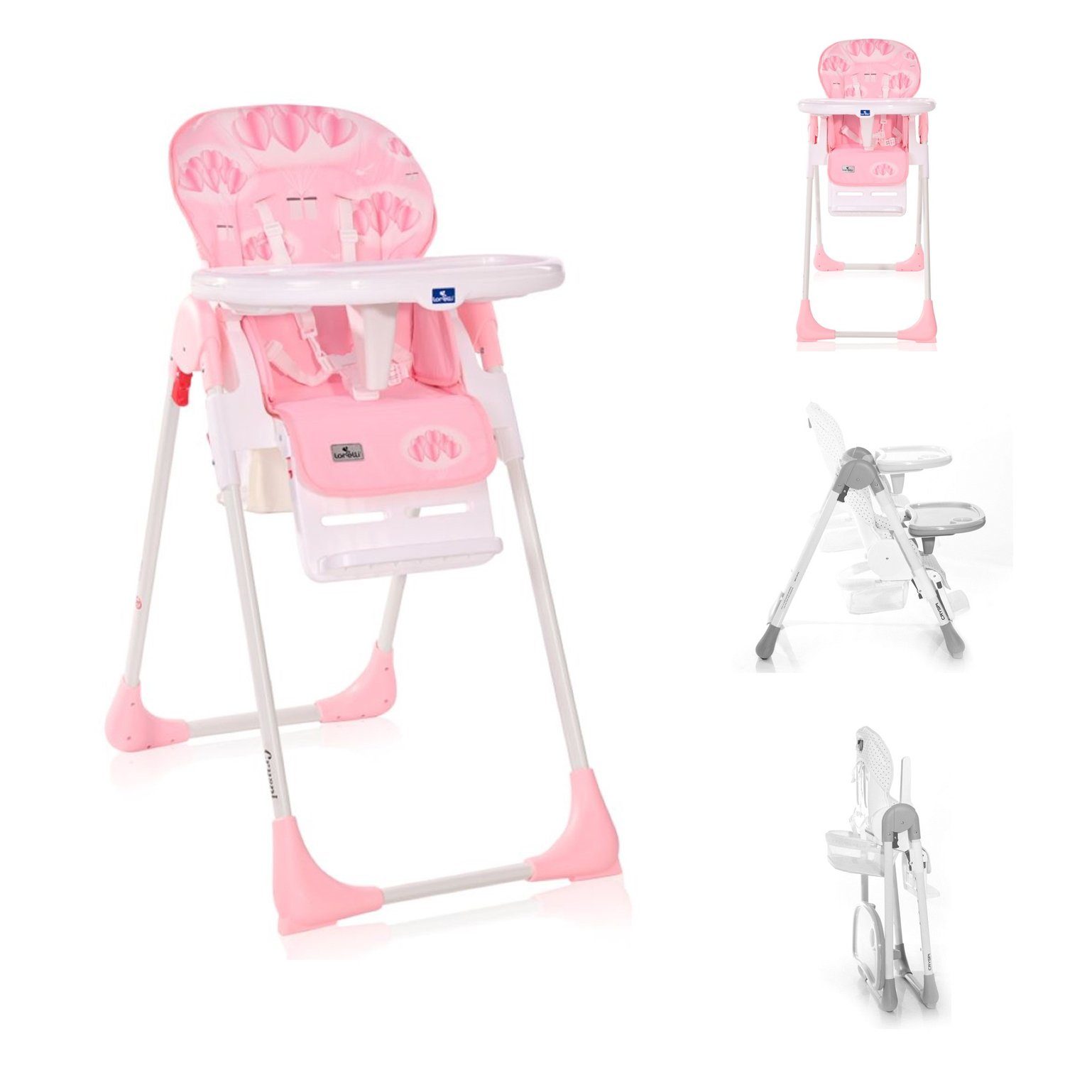 Lorelli Hochstuhl Kinderhochstuhl Cryspi, Rückenlehne faltbar, 5-Punkt-Gurt verstellbar, rosa