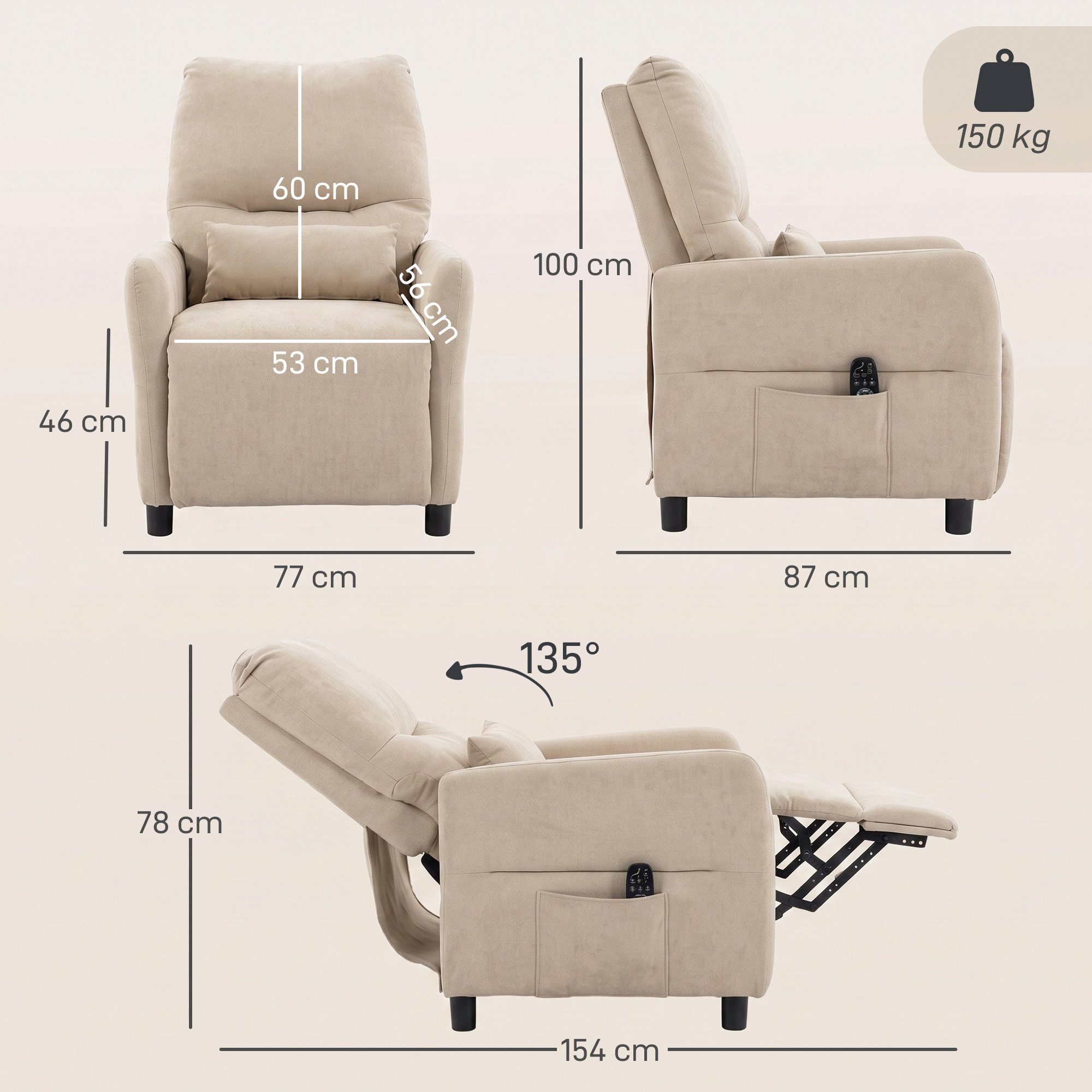 HOMCOM Massagesessel Relaxsessel Fernsehsessel mit Liegefunktion, 8-Punkt-Vibration (Set, 1-St., Relaxsessel), 8-Punkt-Massage, Lendenwärme, 135° Liege – Bild 3 von 5