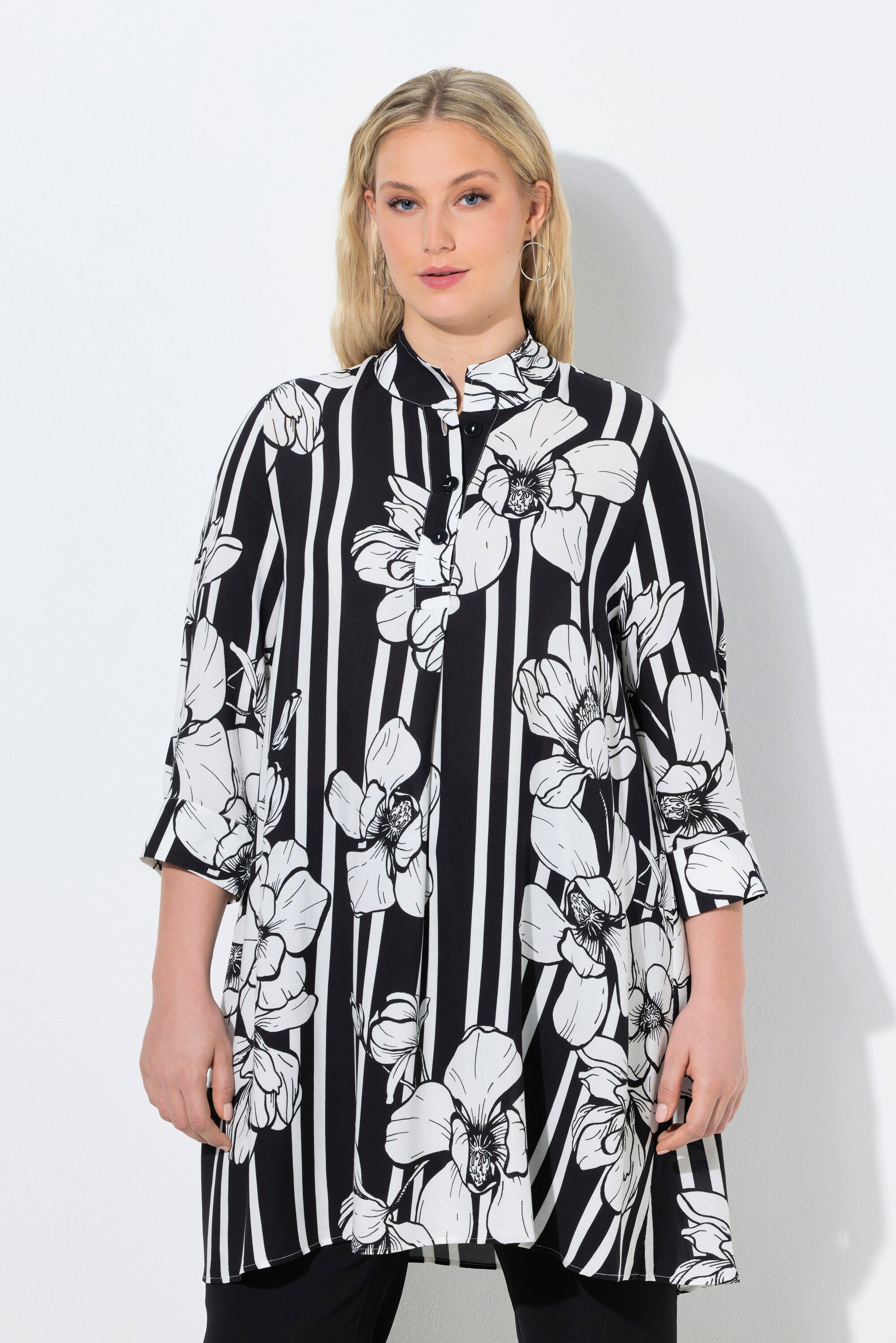 Ulla Popken Tunika Tunika Blüten/Streifen A-Linie Stehkragen 3/4-Arm günstig online kaufen