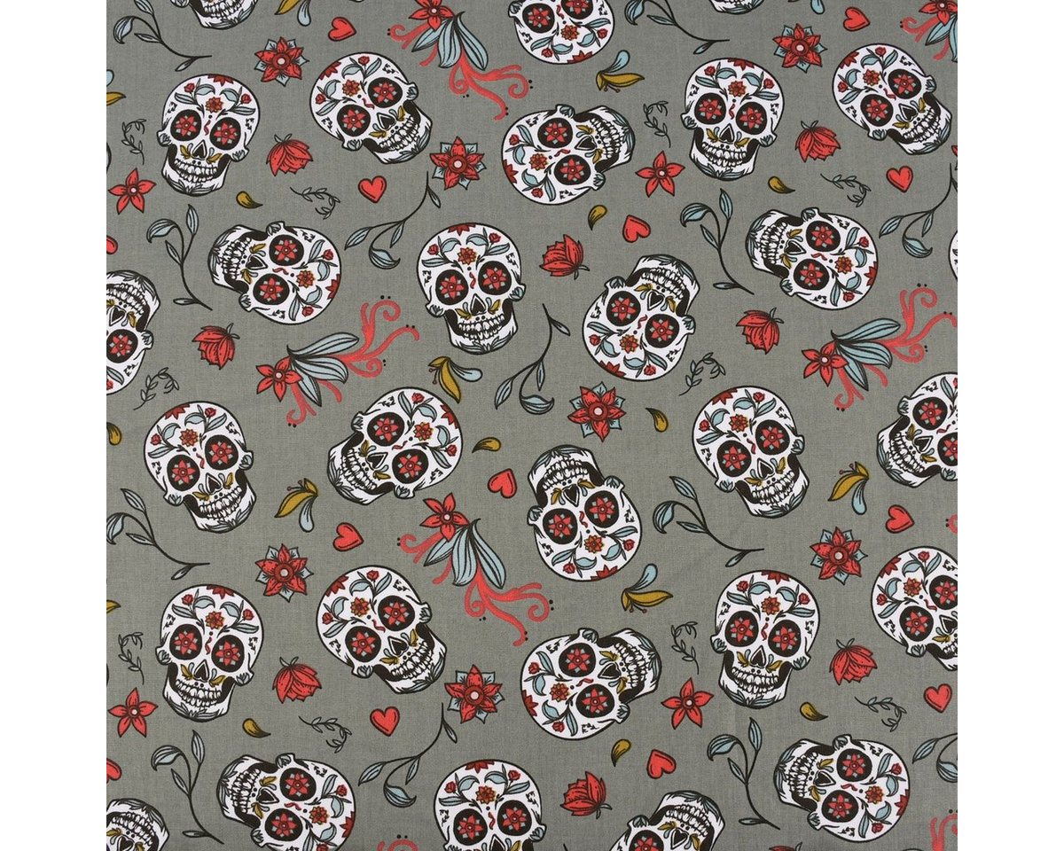 Thumbnail - SCHÖNER LEBEN. Stoff Baumwollstoff Totenköpfe Blumen Blätter altgrün rot mint 1,5m