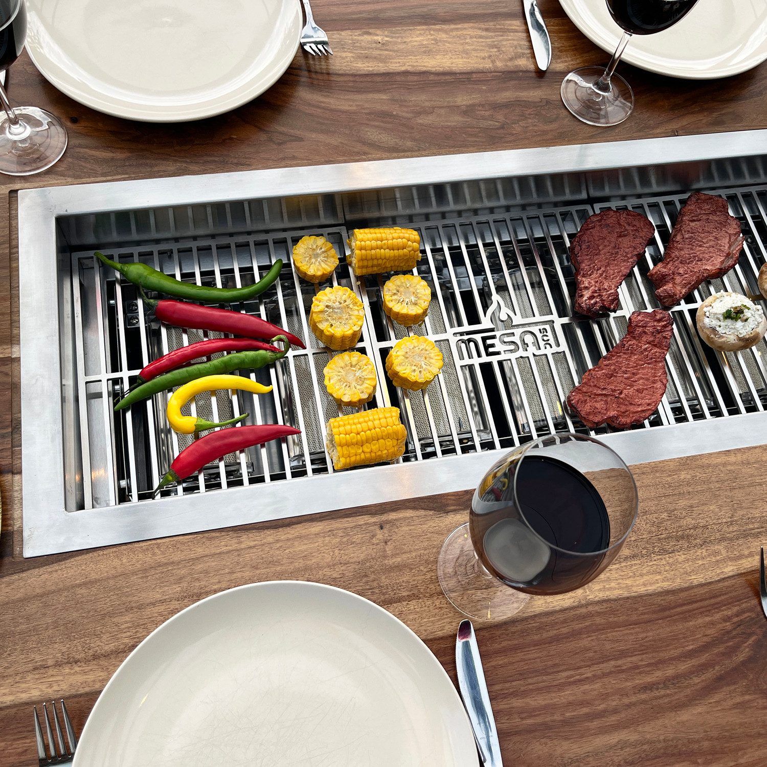 Mesa Dos Gartentisch Grilltisch mit 6 Brennern & Massivholzplatte (110 cm breit, wahlweise 200–240 cm lang), Innovativ - Nachhaltig – Hochwertig