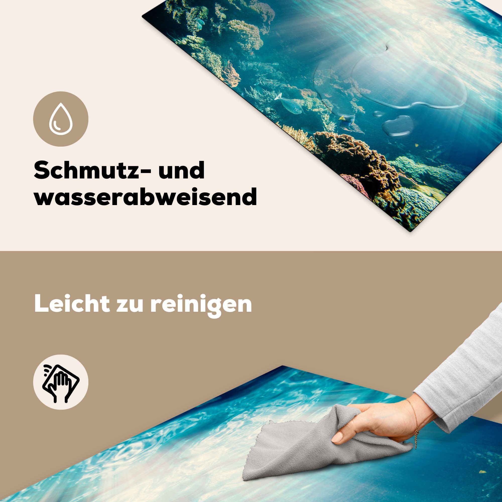 Sonne, MuchoWow Herdblende-/Abdeckplatte Vinyl, 81x52 Induktionskochfeld - - cm, Koralle für Schutz tlg), Meer Ceranfeldabdeckung küche, (1 die