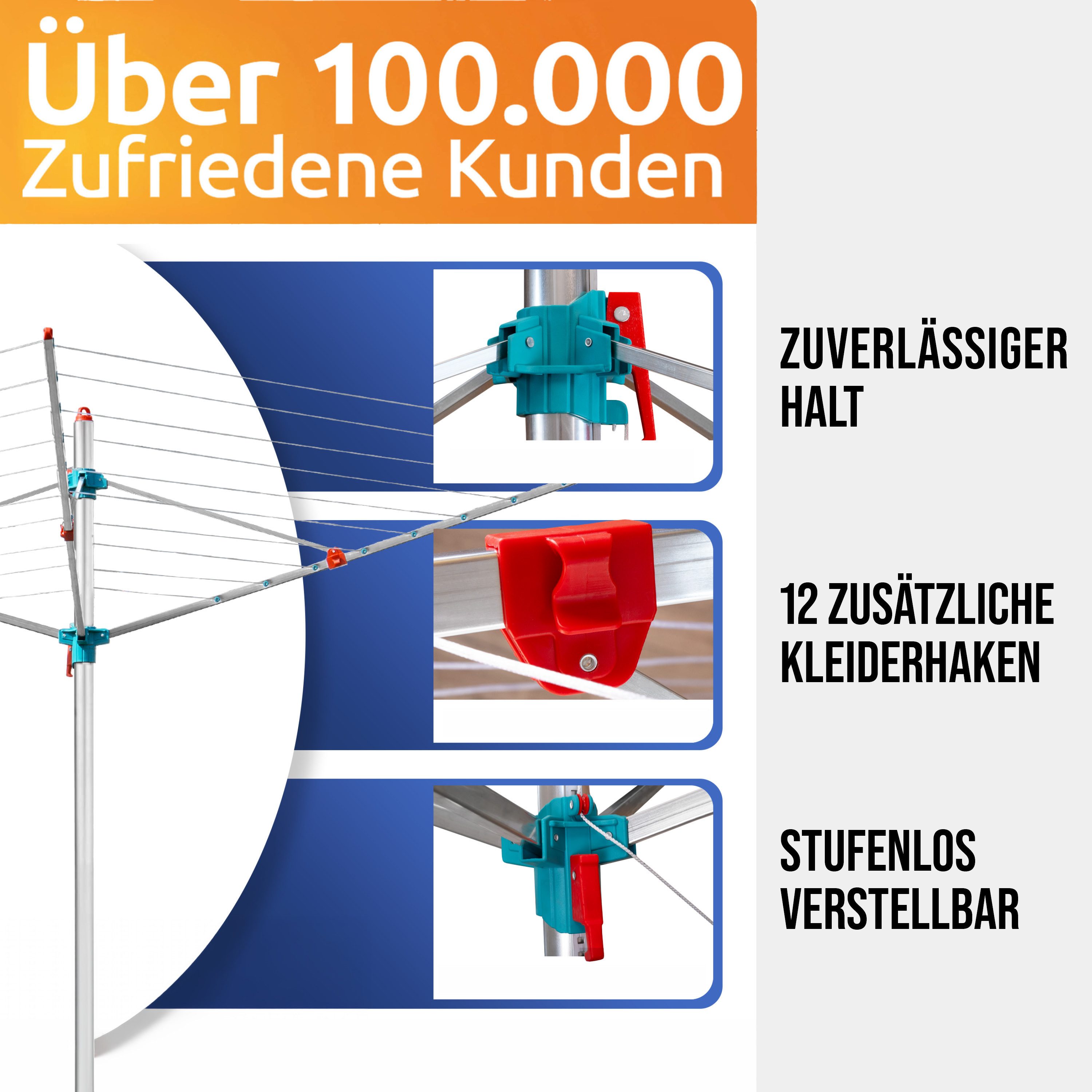STAHLMANN COMMERCE GmbH Wäschespinne für draußen, 60 m, höhenverstellbar & drehbar mit Bodenhülse, inkl. Bodenhülse mit Deckel