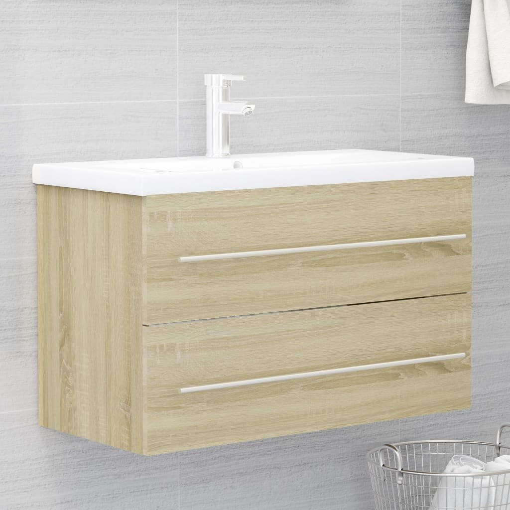vidaXL Badezimmerspiegelschrank Waschbeckenunterschrank Einbaubecken Sonoma-Eiche Holzwerkstoff (1-St) Sonoma Eiche