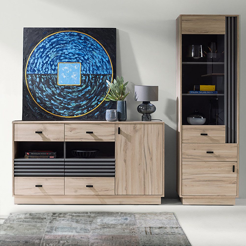 Lomadox Wohnzimmer-Set ANTIGUA-133, (Mega-Spar-Set, 2-St., Vitrine Sideboard), in Eiche mit anthrazitfarbenen Details, 230 cm breit